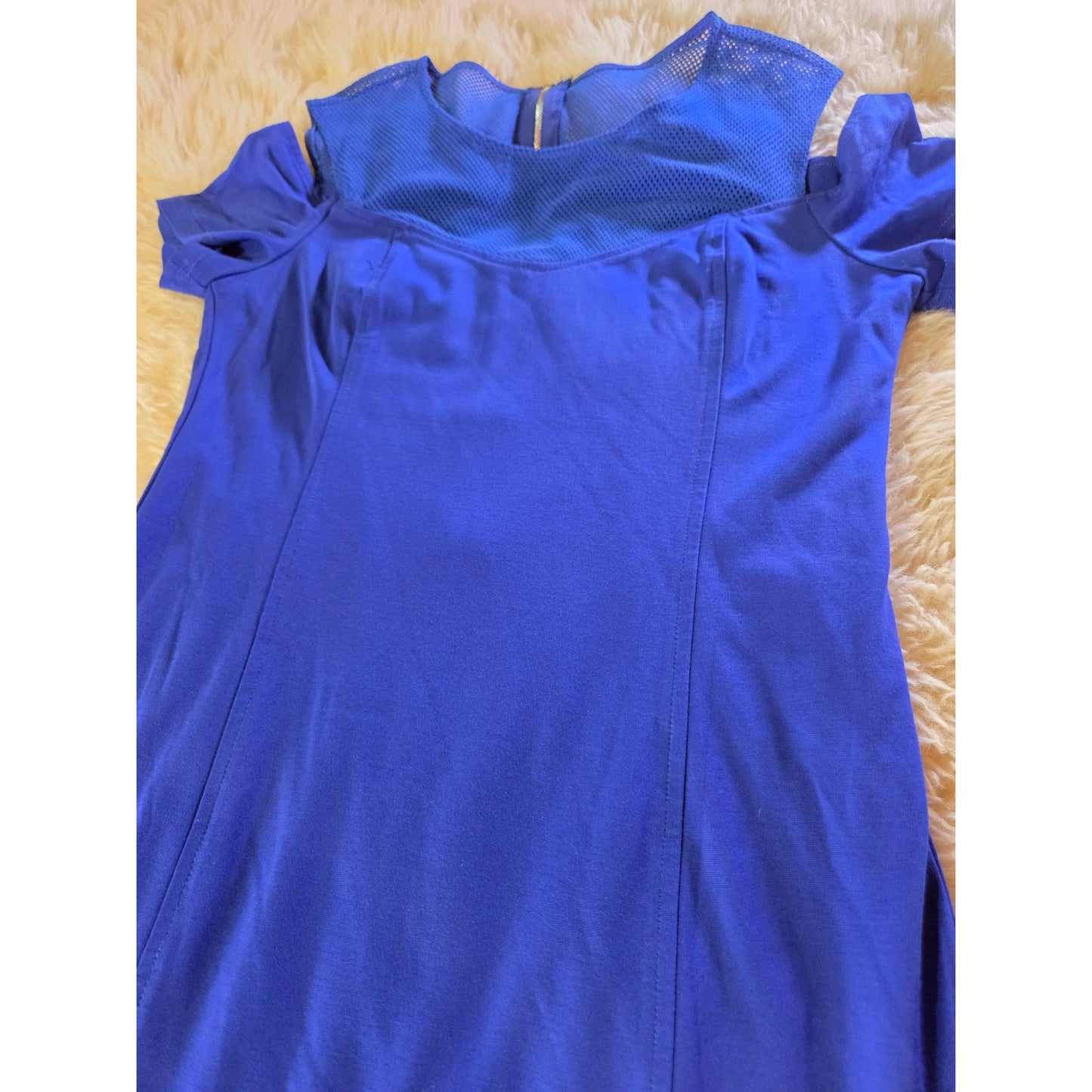 Cartise blue rayon blend jersey knit dress mesh cut out shoulder zipper gold 8