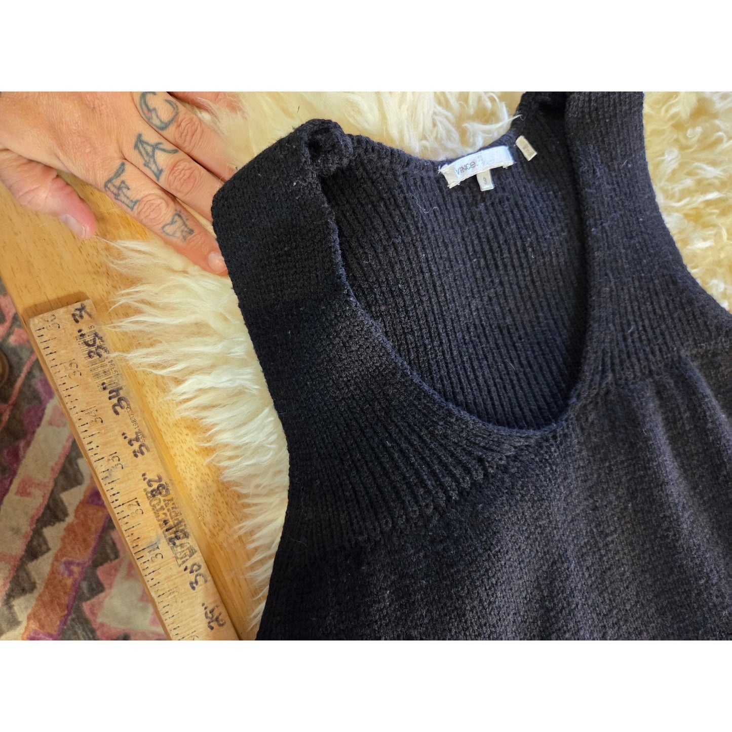 Vince black sweater knit tank dress pocket front Size Small Mini V-neck