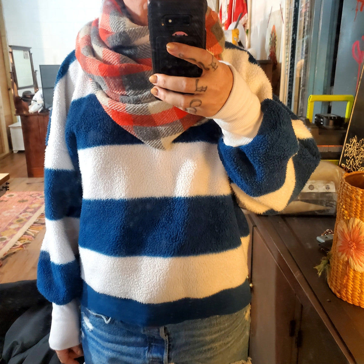 Orange and gray plaid knit infinity scarf acrylic