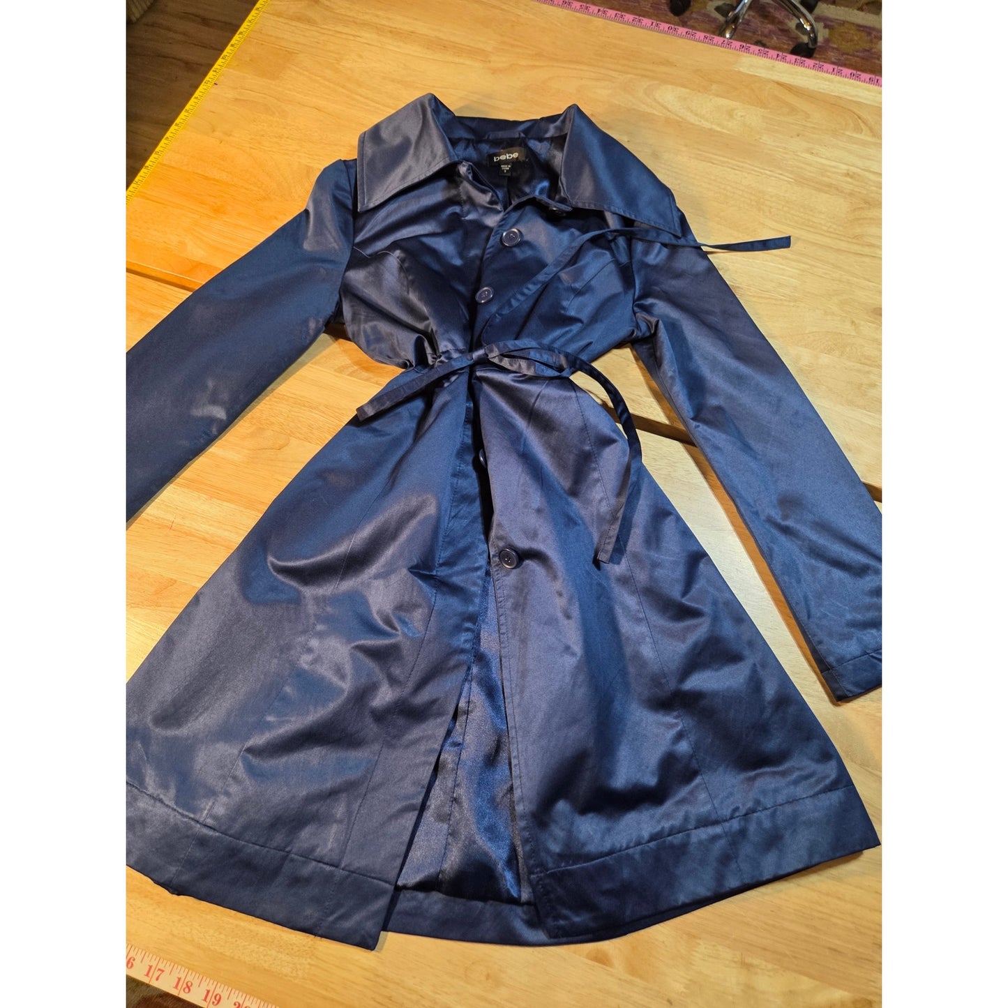 Bebe navy blue double breasted wide collar knee length Overcoat satin size sml