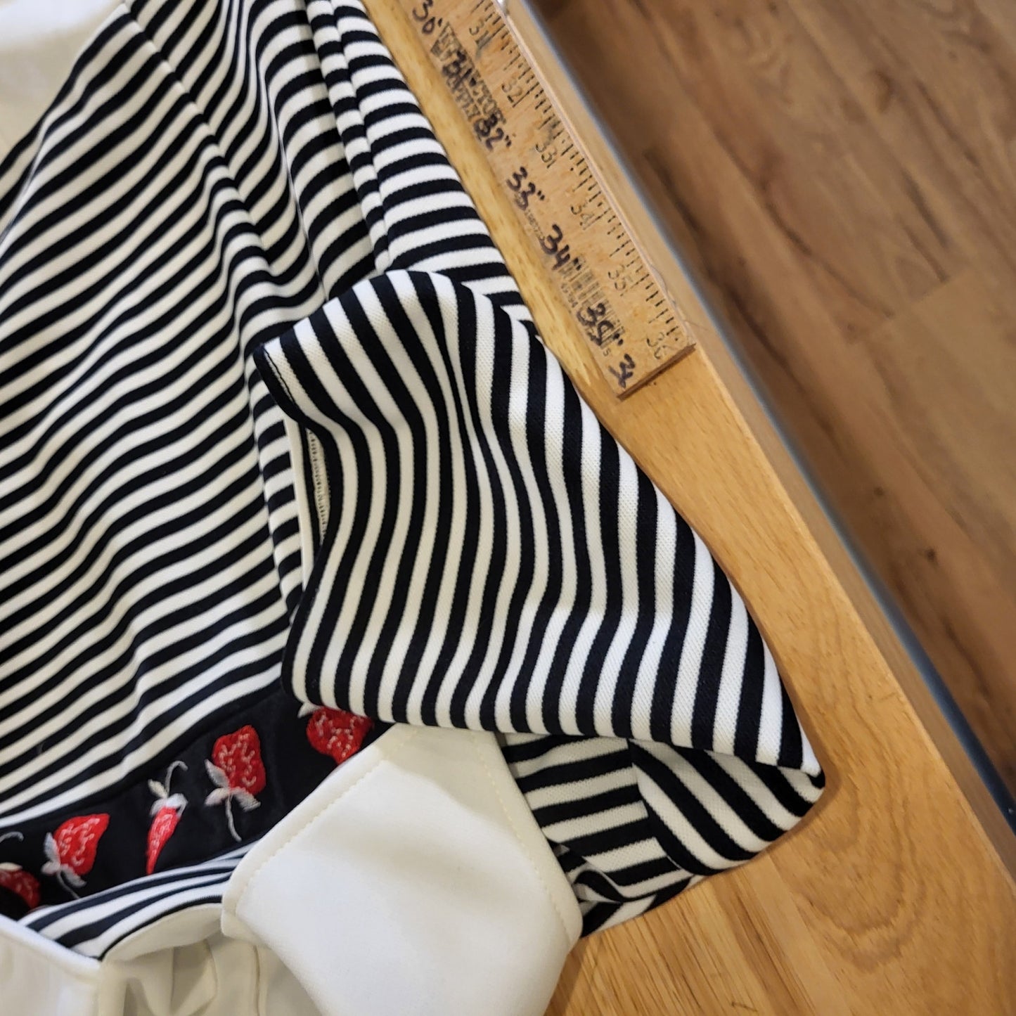 Vintage Polyester Black White Striped Strawberry Collared Short Sleeve