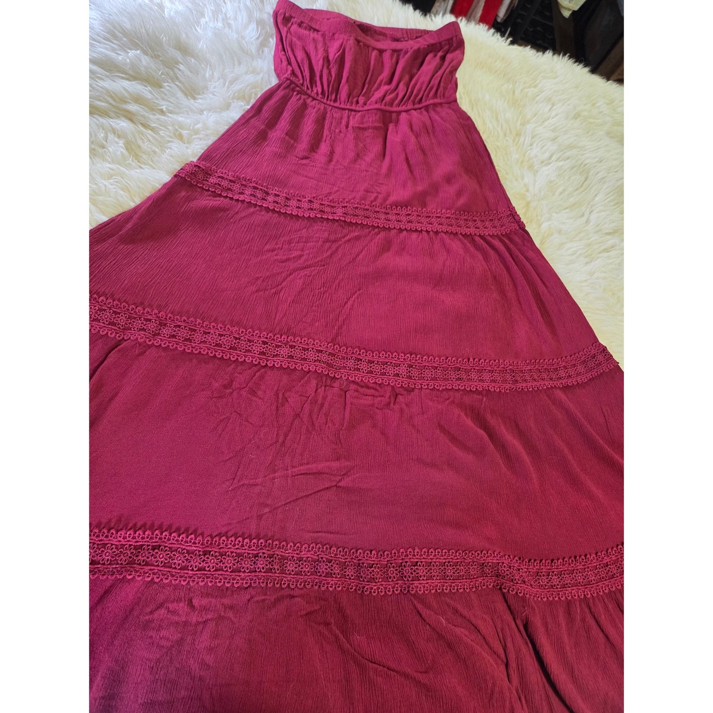 Maroon elastic tube dress sleeveless maxi crochet detail 30" bust