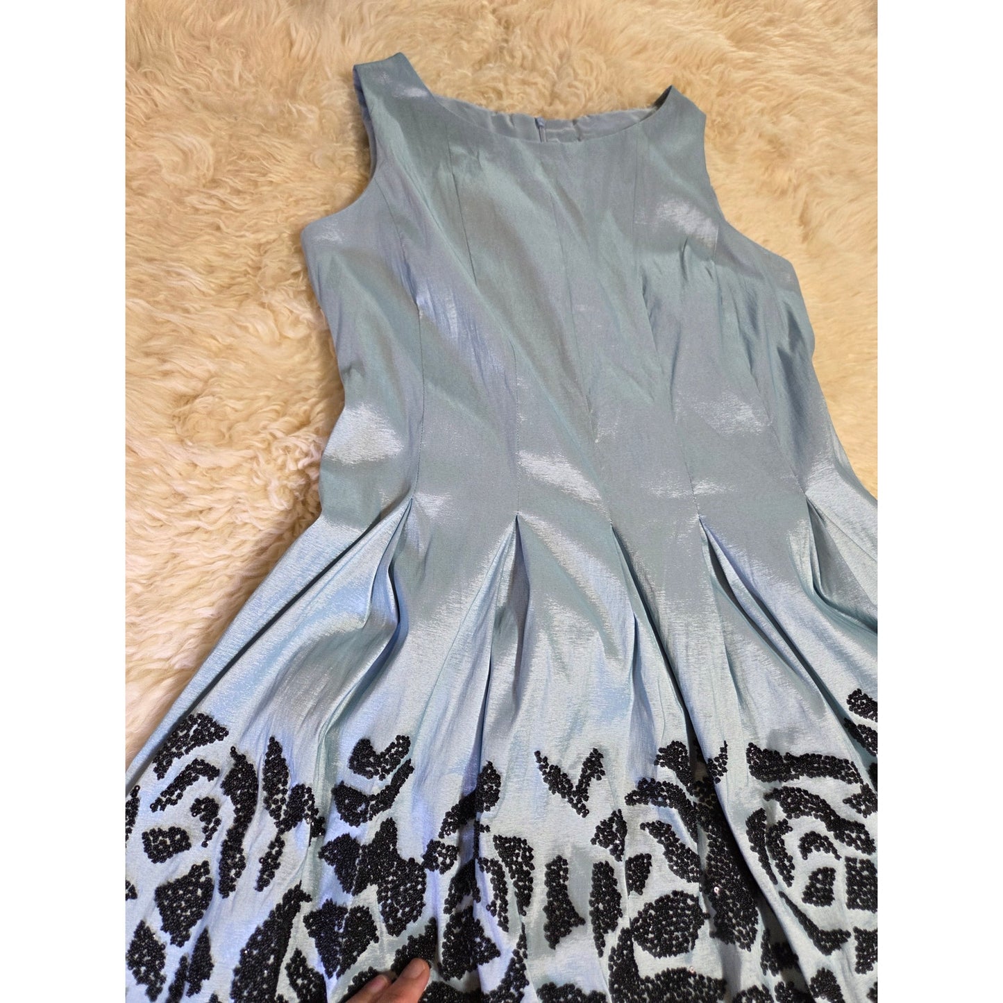 Baby Blue Sleeveless Black Sequin Embellishments Tea Length Fit Flare Princess