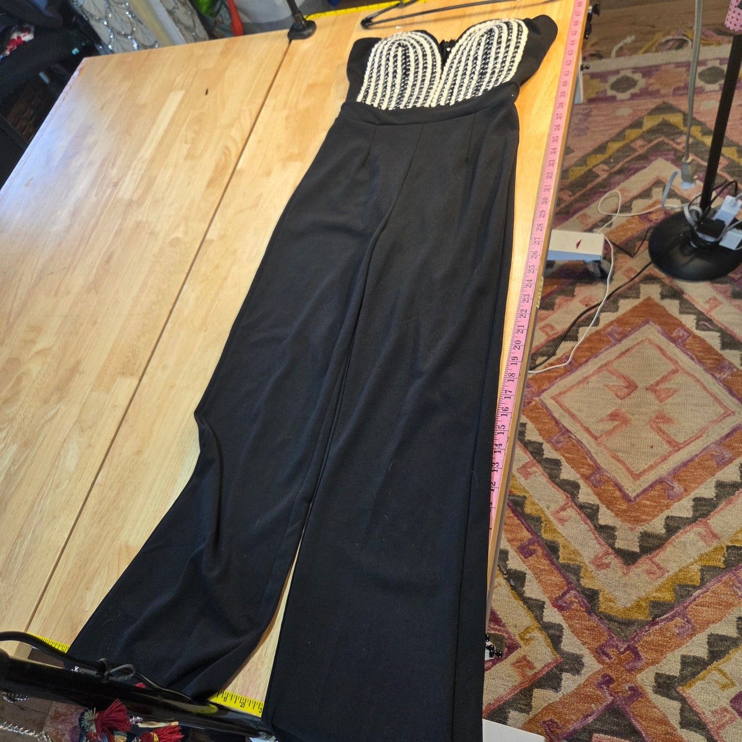 Valentine Black Jumpsuit black wide legs embroidered bust sleeveless medium