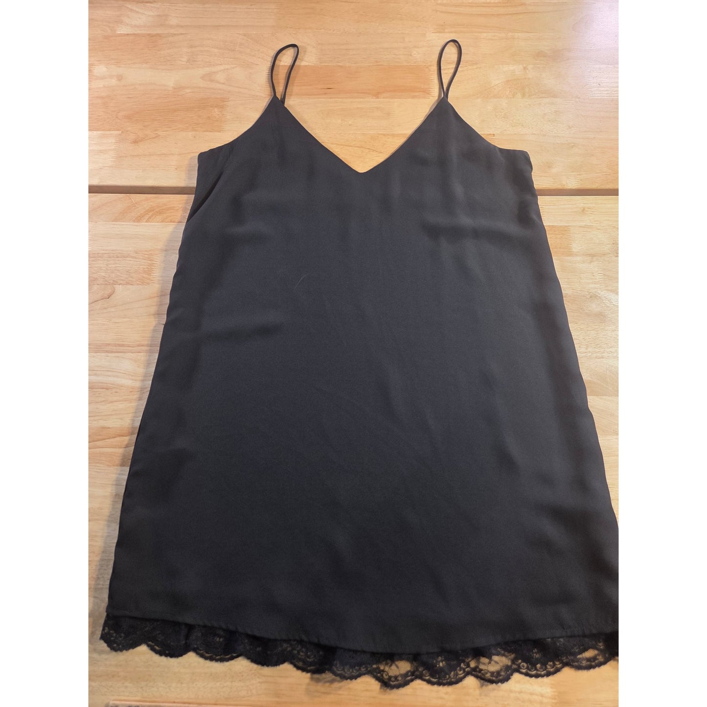 Forever 21 Black Spaghetti Strap Slip Dress Lace Hem Size Small Polyester