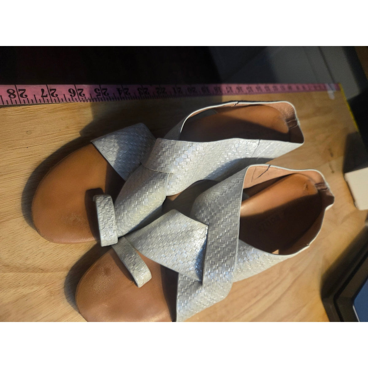 Gentle Souls white iridescent leather cross strap wedge sandals 9 and 1/2