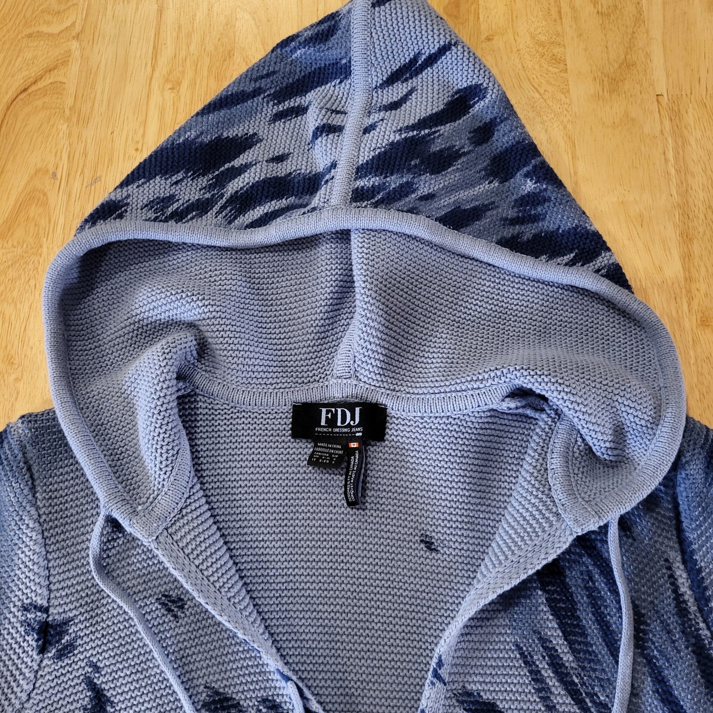 FDJ Blue Animal Print Knit Hooded Long Sleeve Sweater Small