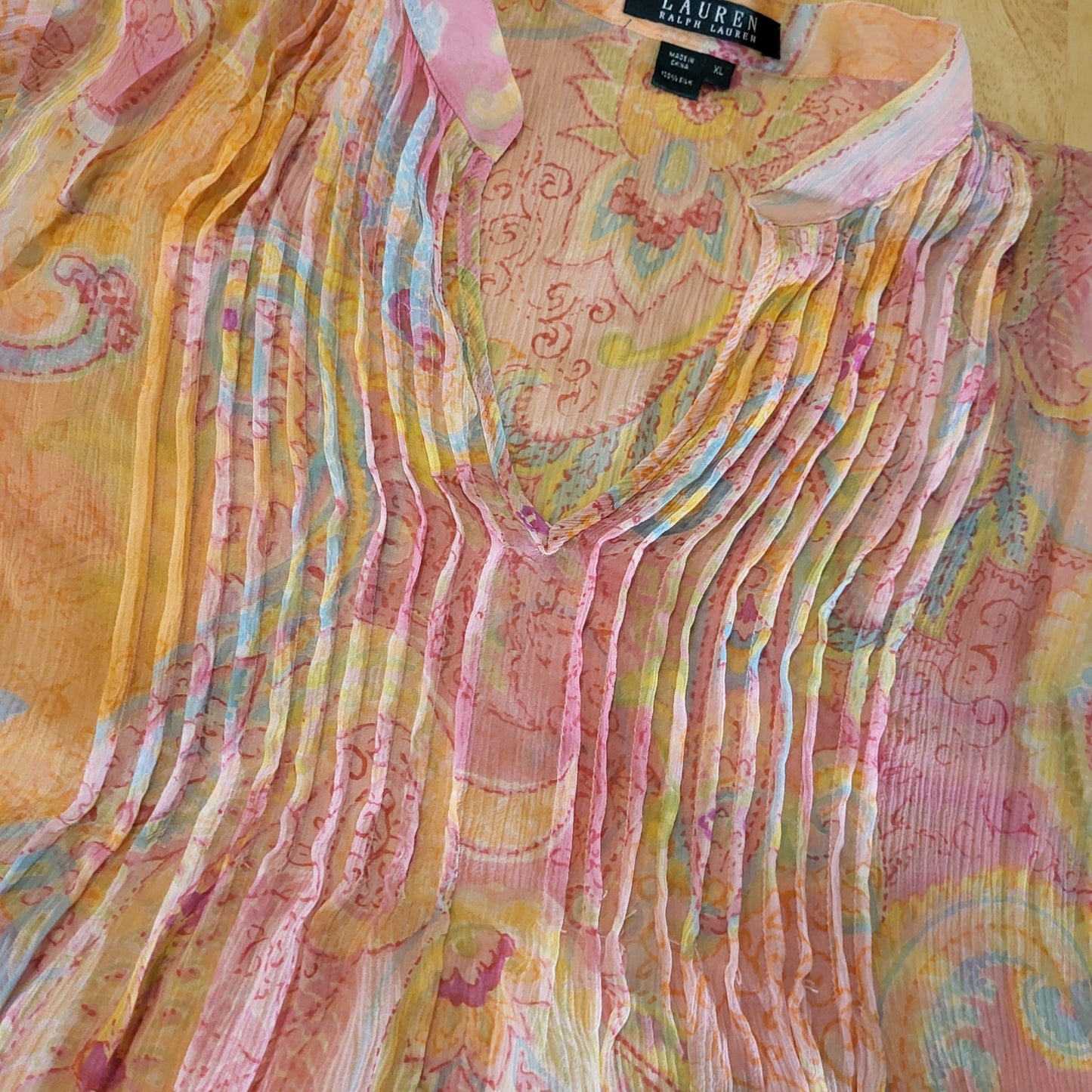 Ralph Lauren 100% Silk PINK Sheer Paisley Collared Button Down Blouse Size XL