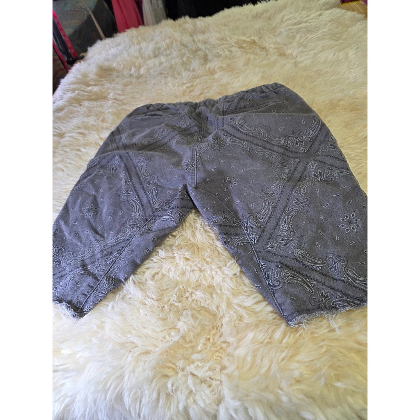 Blacksmith GRAY Paisley Harem cut JEAN shorts elastic waist tie crop distress