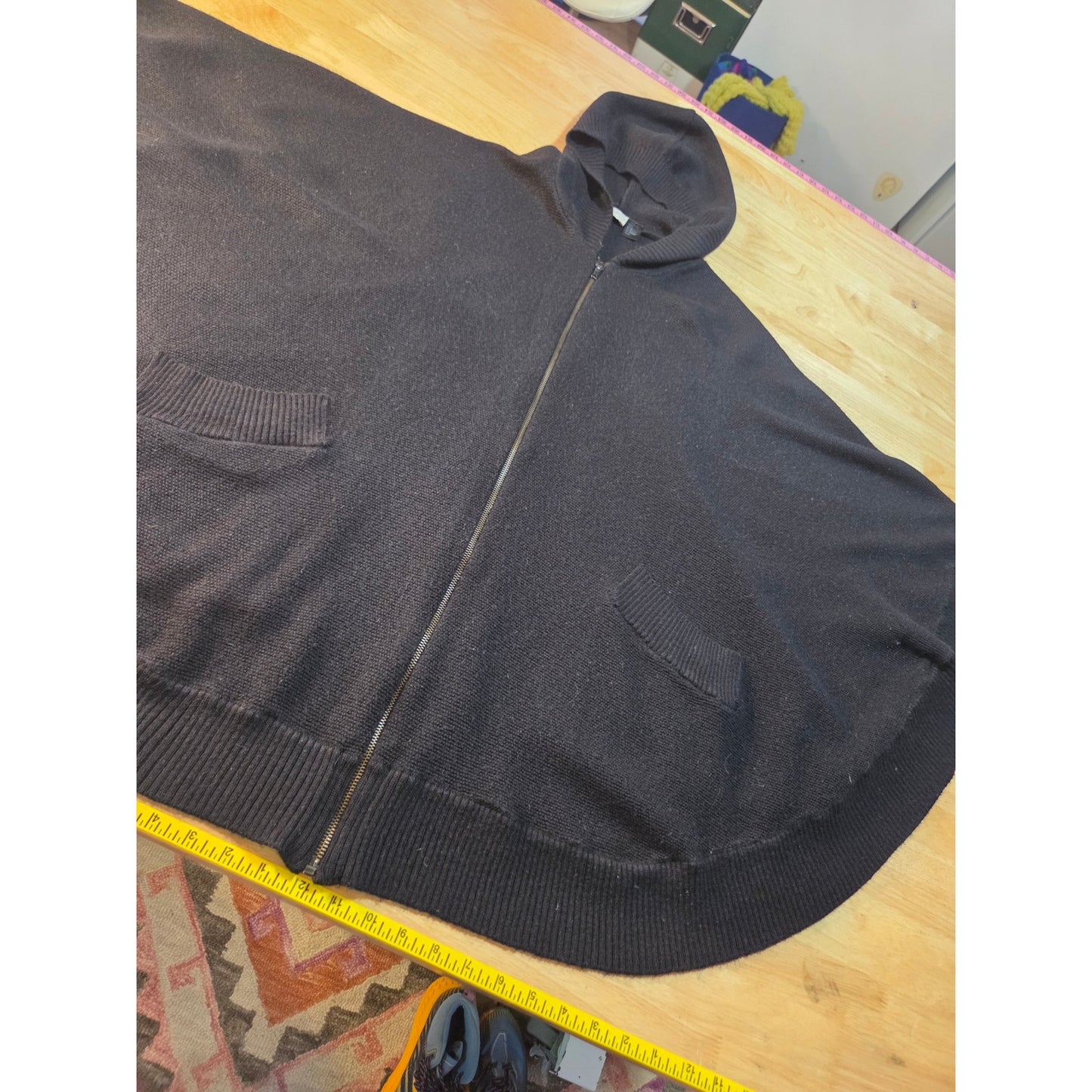 H&M Black close knit hooded Poncho zip front pockets  one size