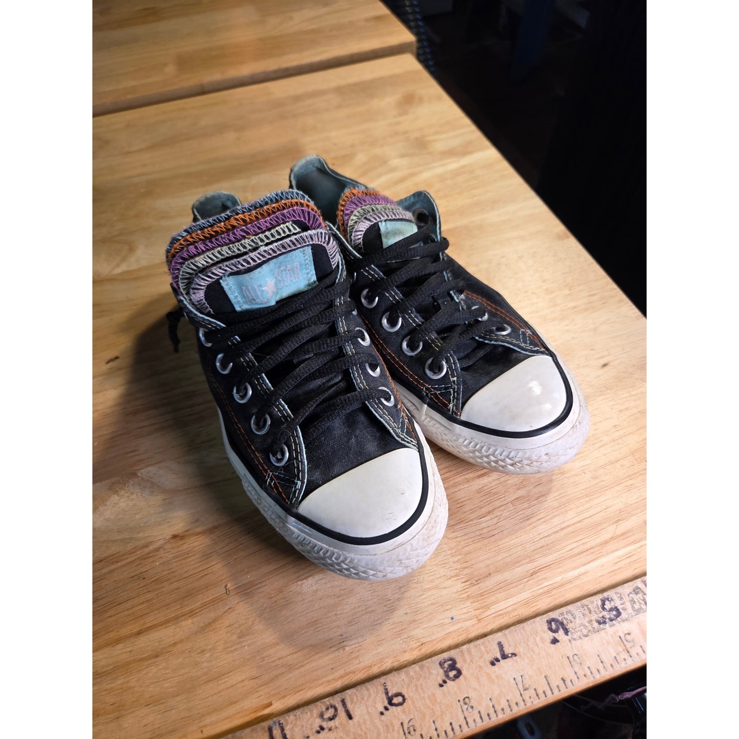 Converse Chuck Taylor Black Low Cut Size 7 Women's Colorful Tongue Detail Canvas