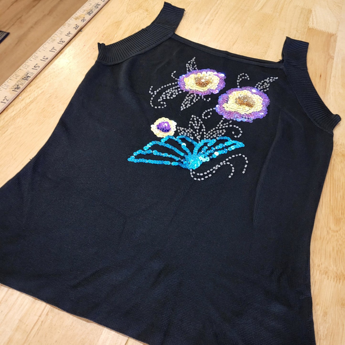 Vintage Cotton Blend Black Beaded Embroidered Knit Tank Sleeveless Sweater