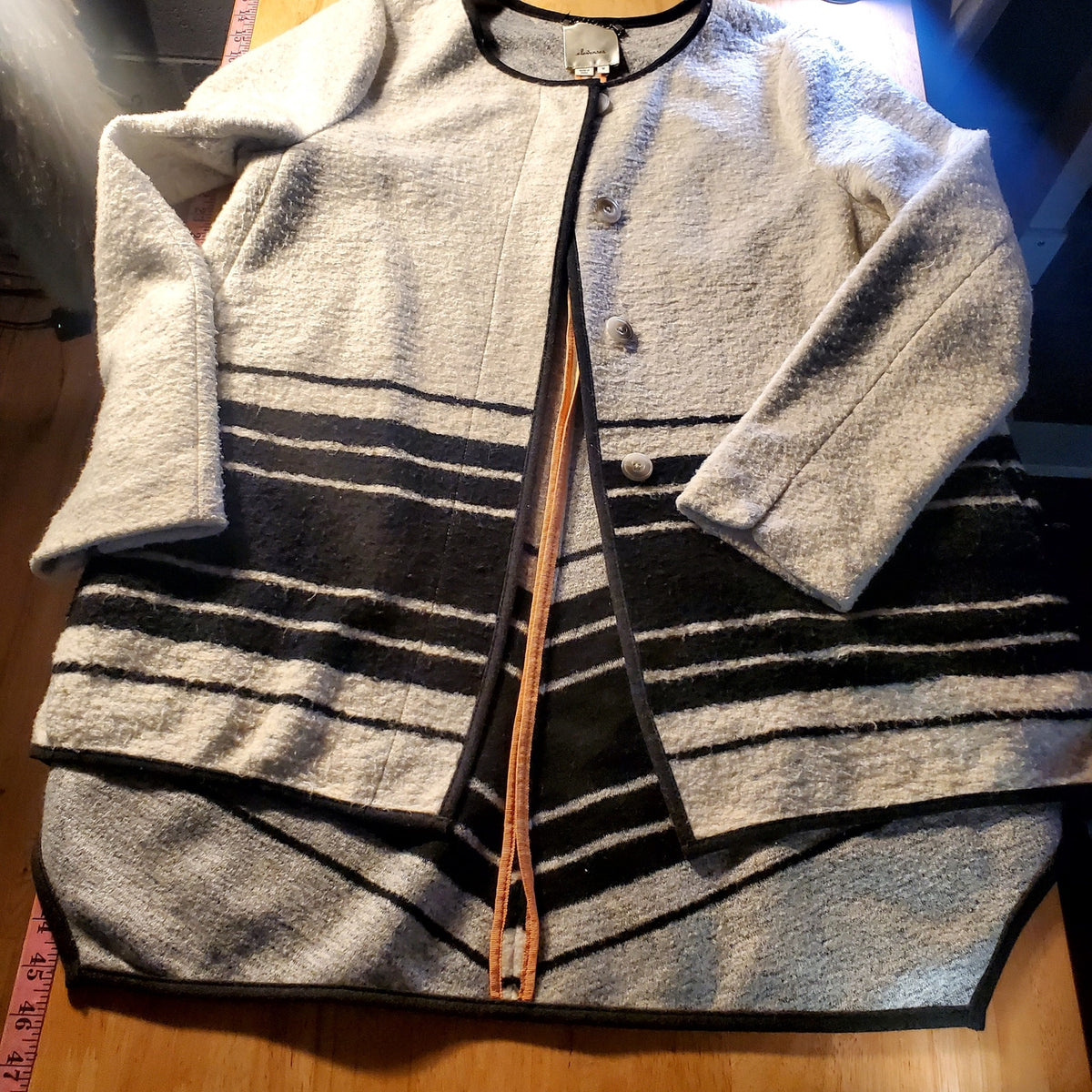 Elevenses size medium wool blend asymmetrical hem gray and black striped jacket