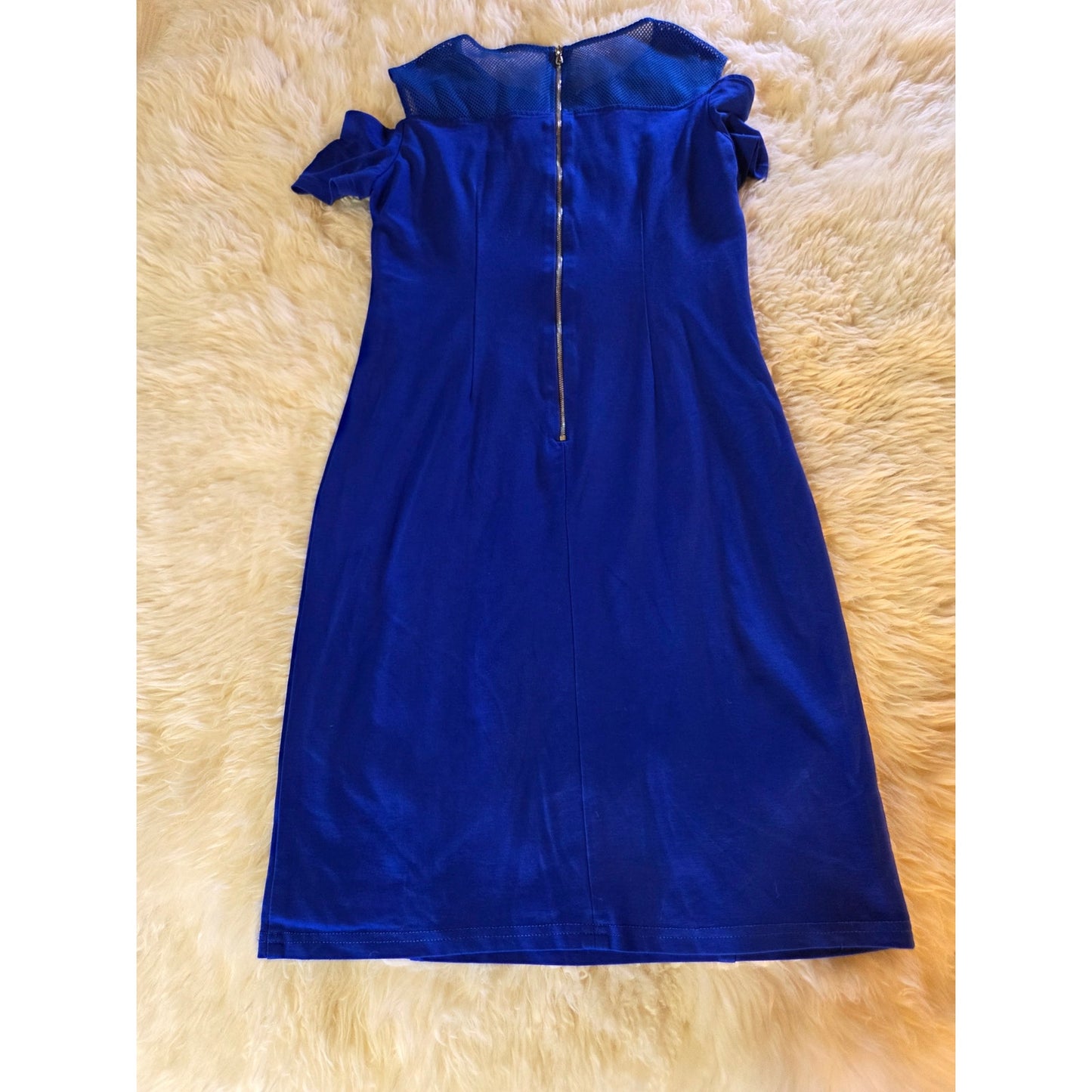 Cartise blue rayon blend jersey knit dress mesh cut out shoulder zipper gold 8