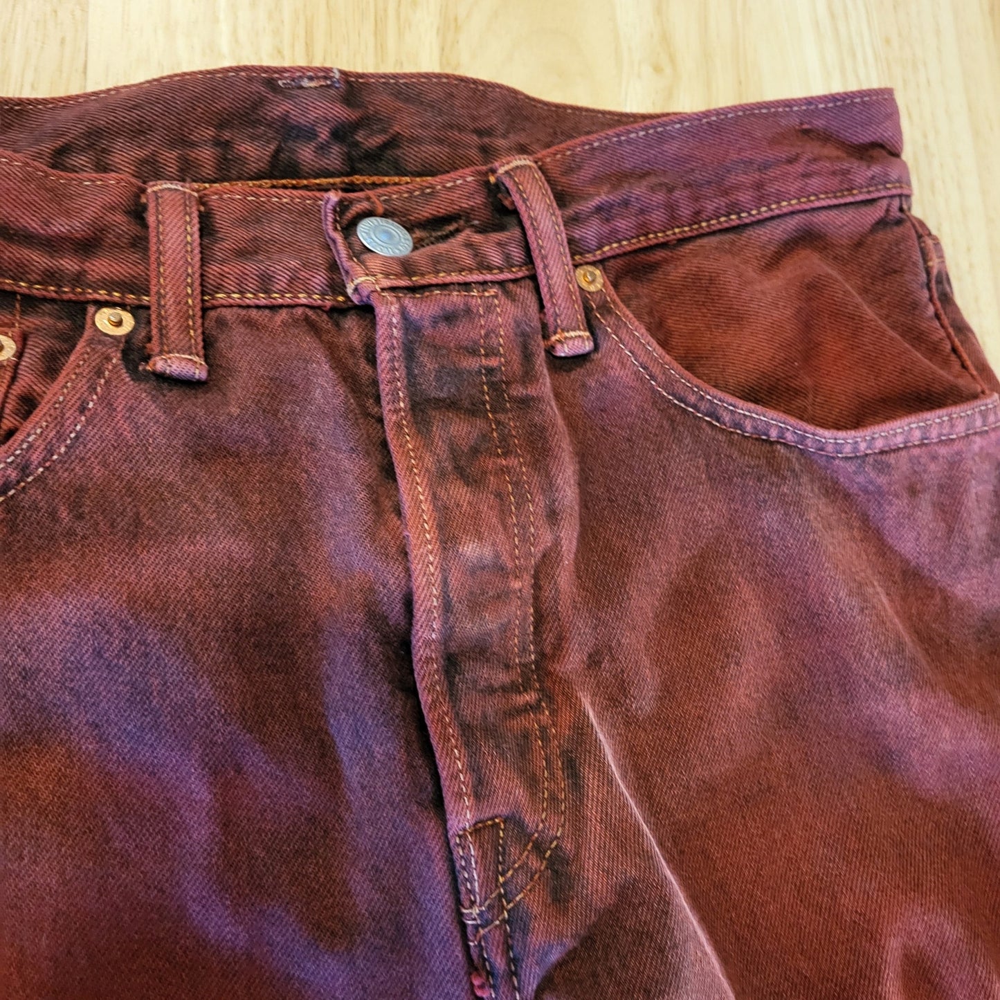 Levi's 501 CT Maroon 31 x 32 Tapered Denim Jeans Faded Tag 90.s Custom Cut