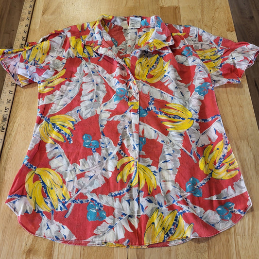 Vintage You Babes Red Banana Print Hawaiian Interesting Sleeve Collared S