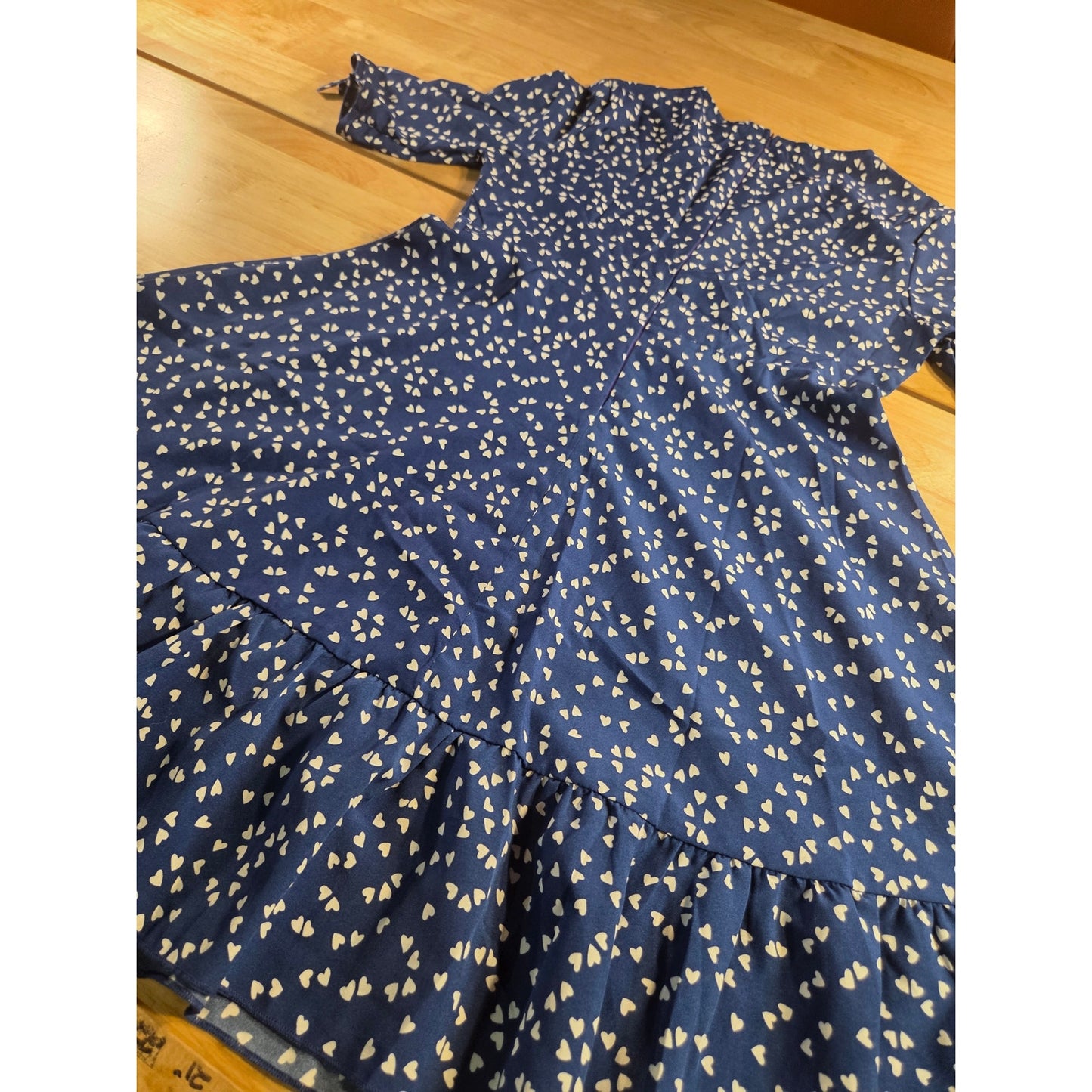 Floral Pig Blue Heart Print Dress Keyhole Puff Sleeve Detail Faux Wrap M