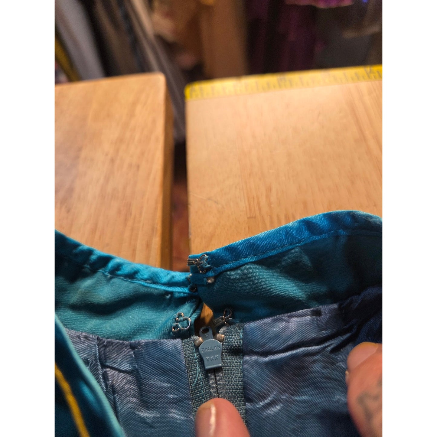 Turquoise blue Chinese traditional dress cap sleeve ornamental trim detail small