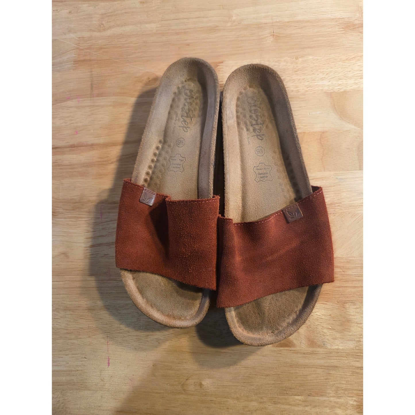 Biostep Genuine Suede Brown Leather Cork Sole Slides Size 9.5 Lots of life left