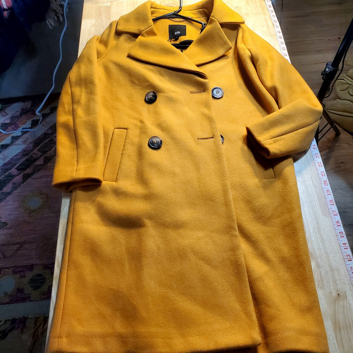 River Island Mustard Yellow Wool Blend Pea Coat Black Buttons Medium