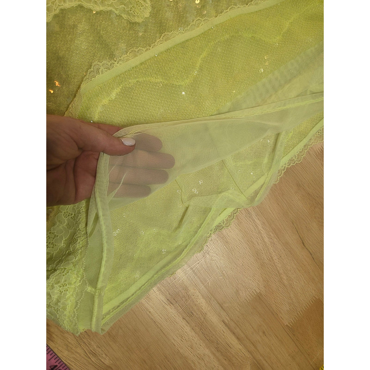 Viral Victoria's Secret lime green spaghetti strap sequin slip dress lace xl