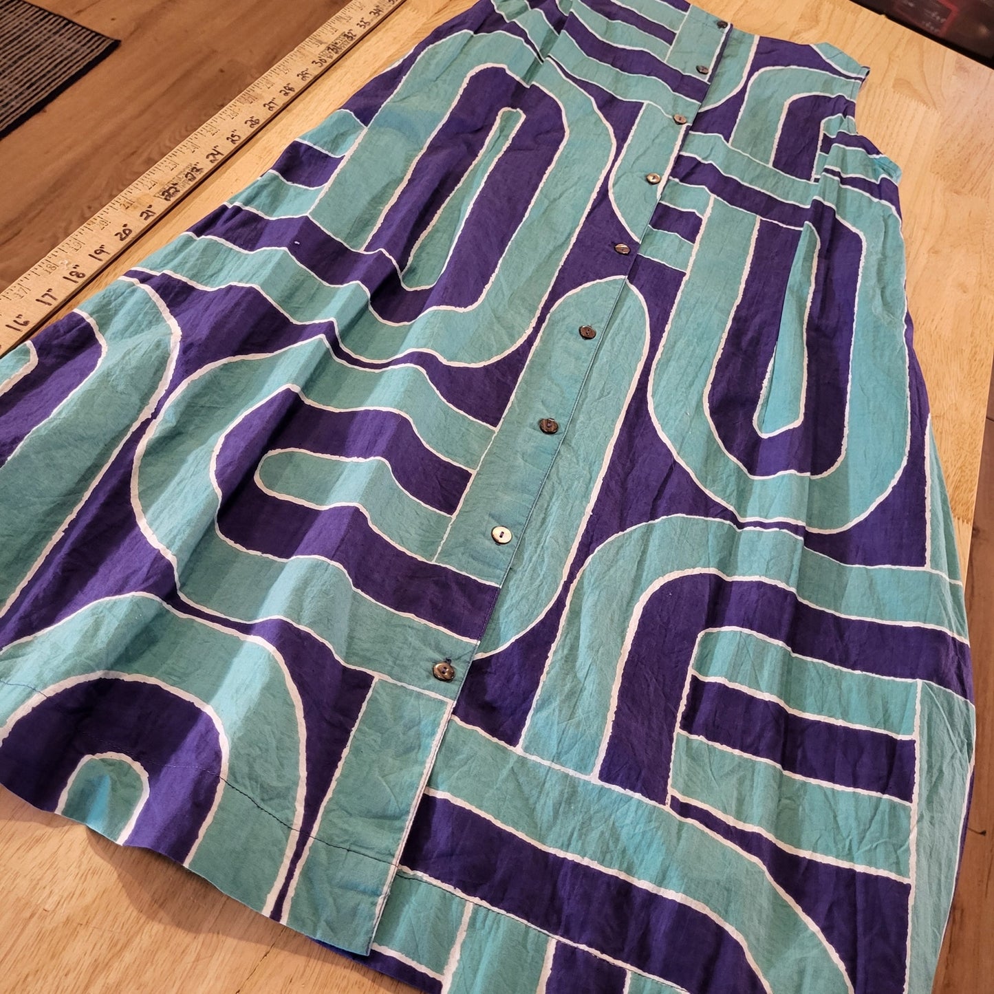 Two Danes Cotton Sleeveless Midi Pocket Blue Geometric Print Button Back xs