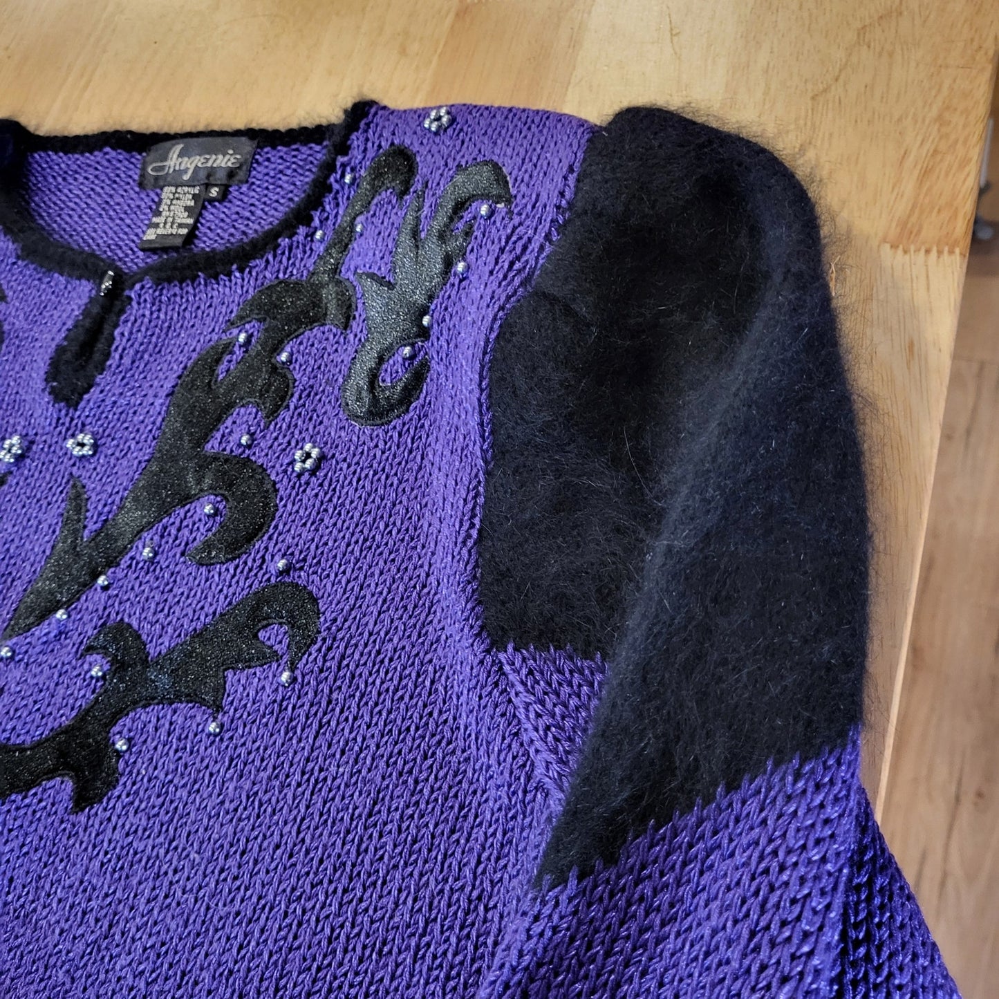 Vintage Purple Embellished Black Blended Knit Sweater 20" P2P