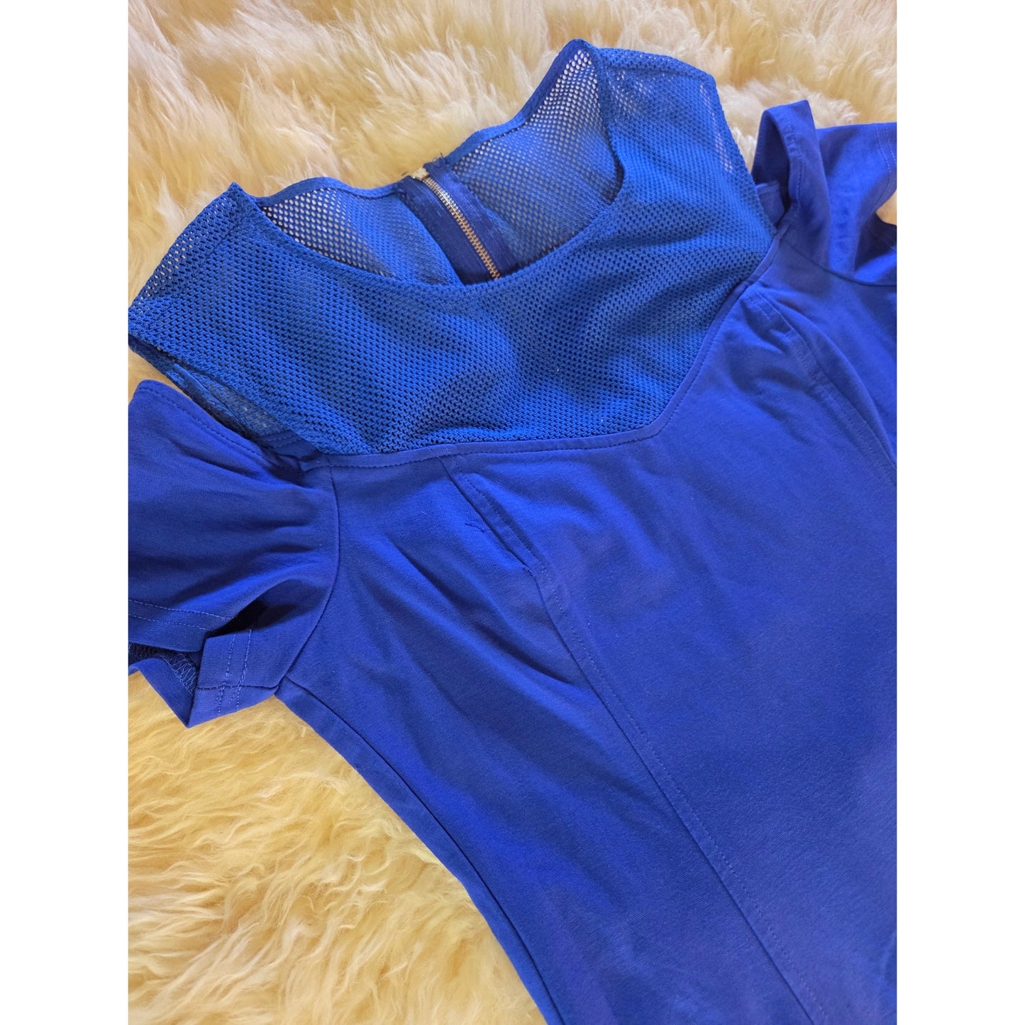 Cartise blue rayon blend jersey knit dress mesh cut out shoulder zipper gold 8