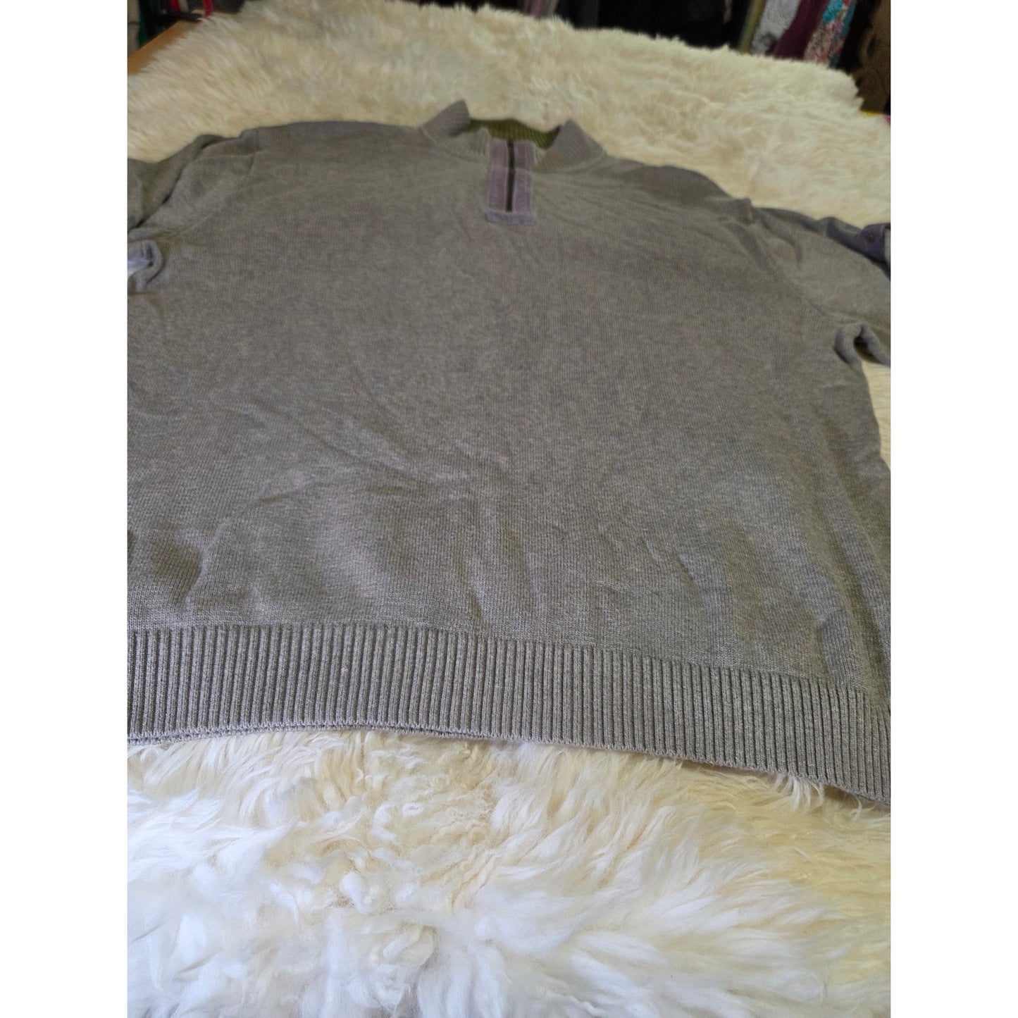 Cutter Buck Beige Brown Close  Knit 1/4 Zip Pullover Sweater 100% Cotton 25" p2p