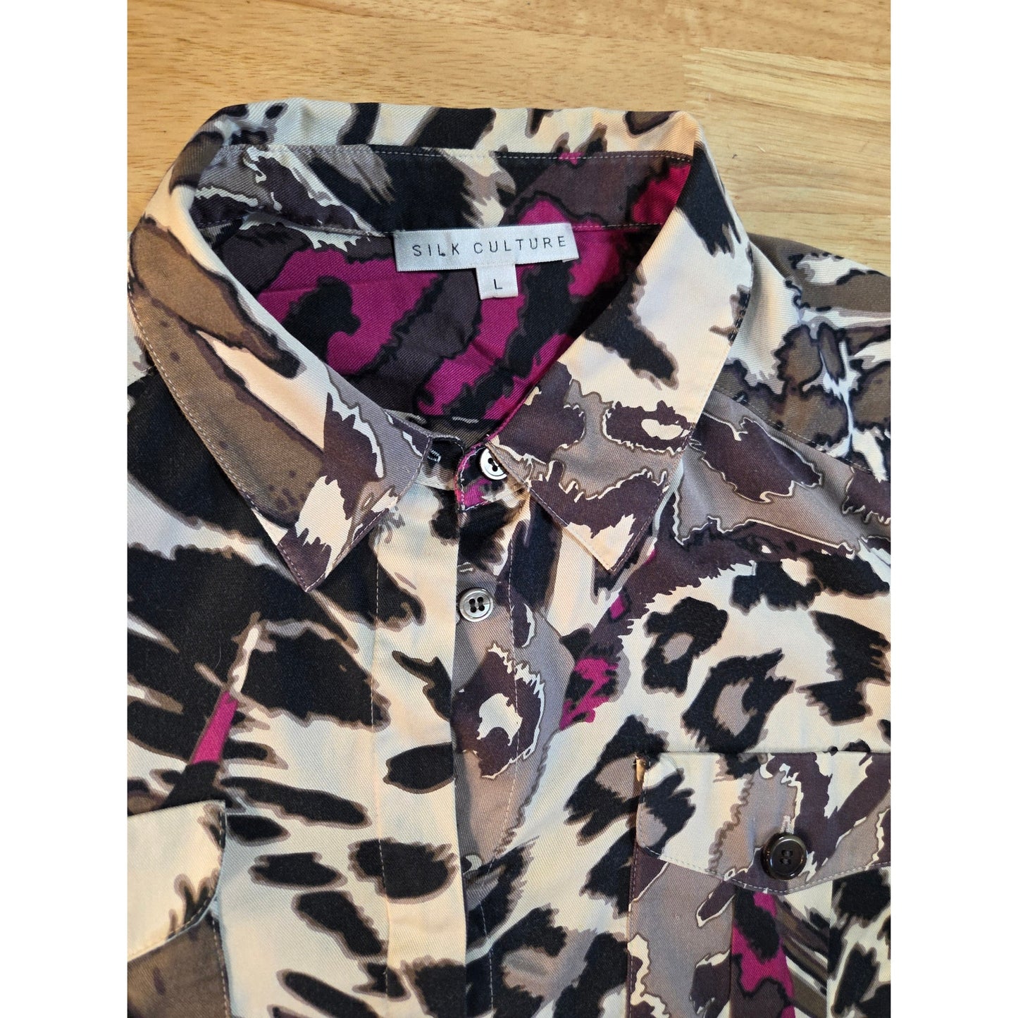 Silk culture size large 100% silk collared blouse colorful purple leopard print
