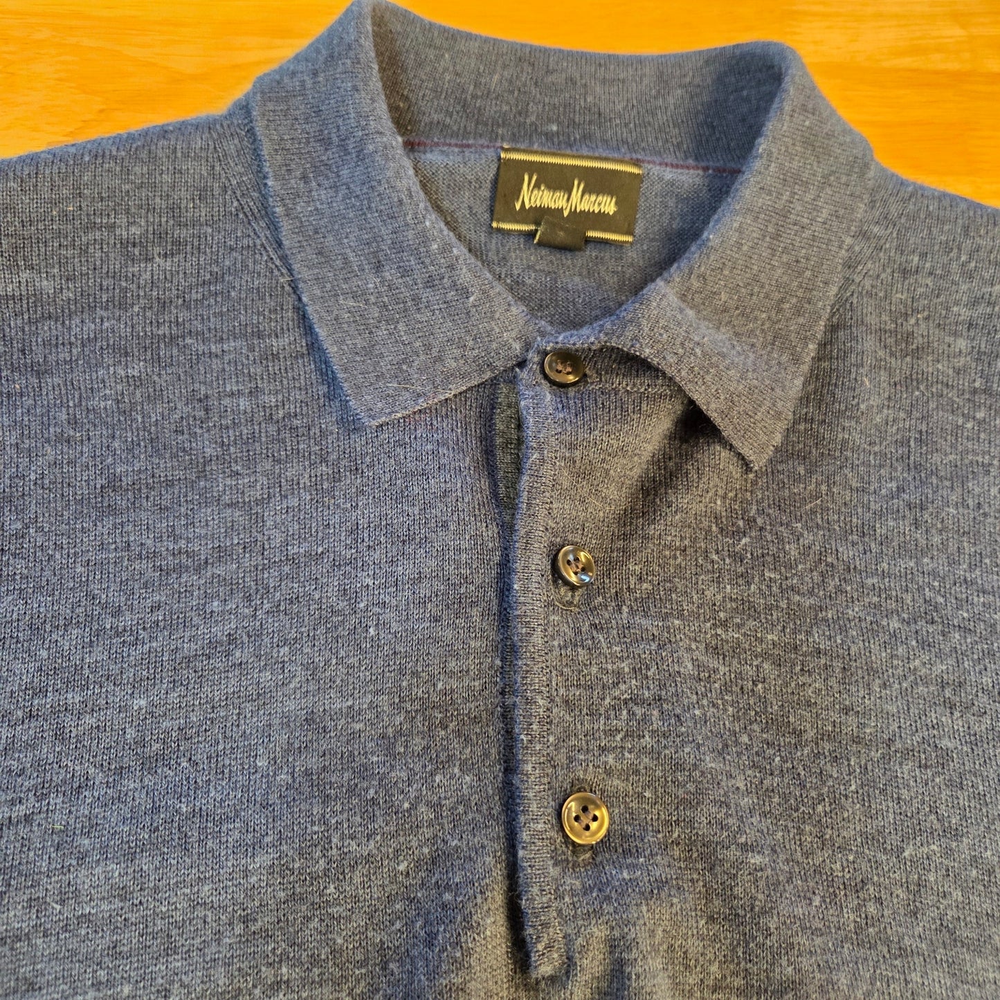 Neiman Marcus blue wool blend 3/4 button pullover sweater tight knit large