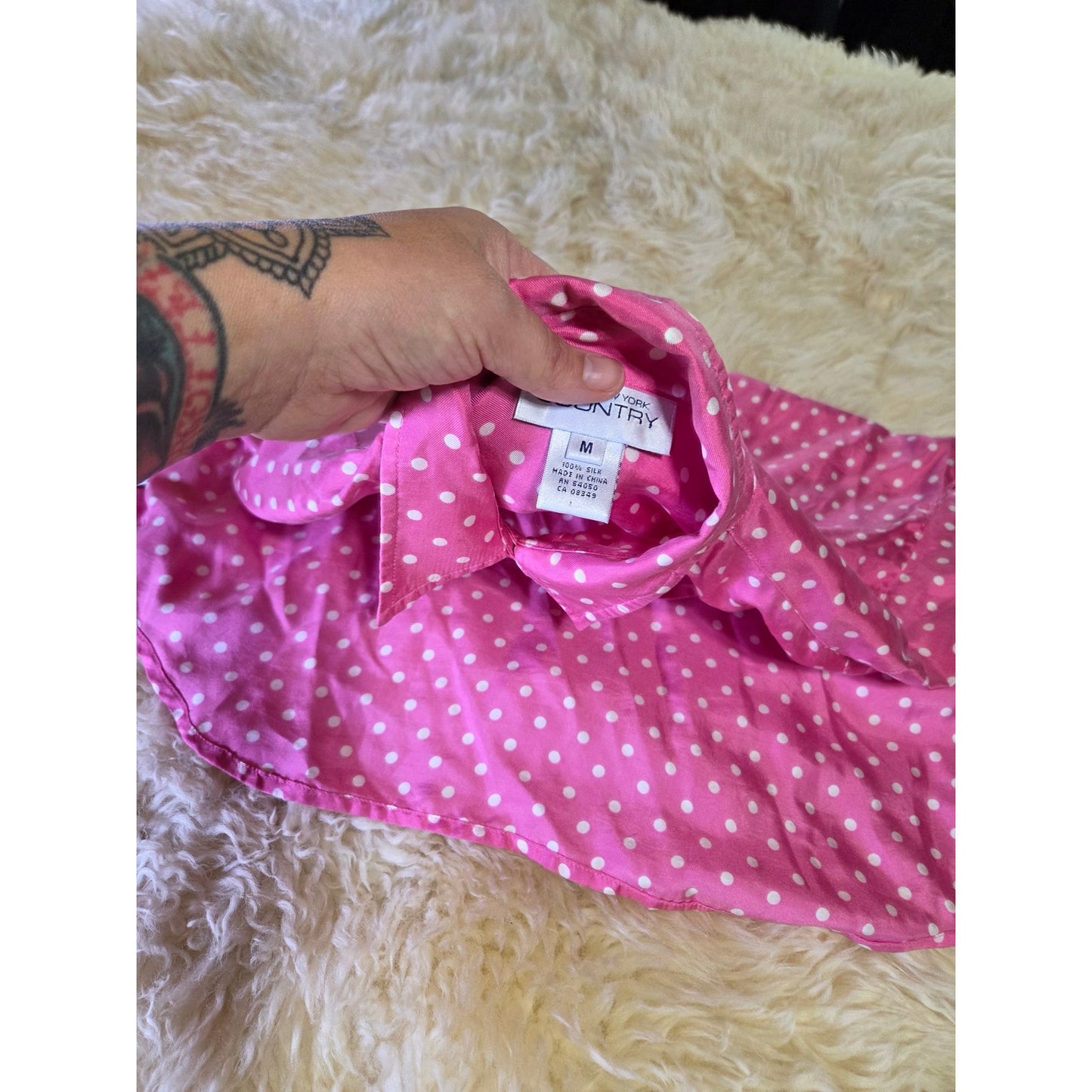 Vintage Jones New York Country PINK 100% Silk Polka dot Blouse Collared M