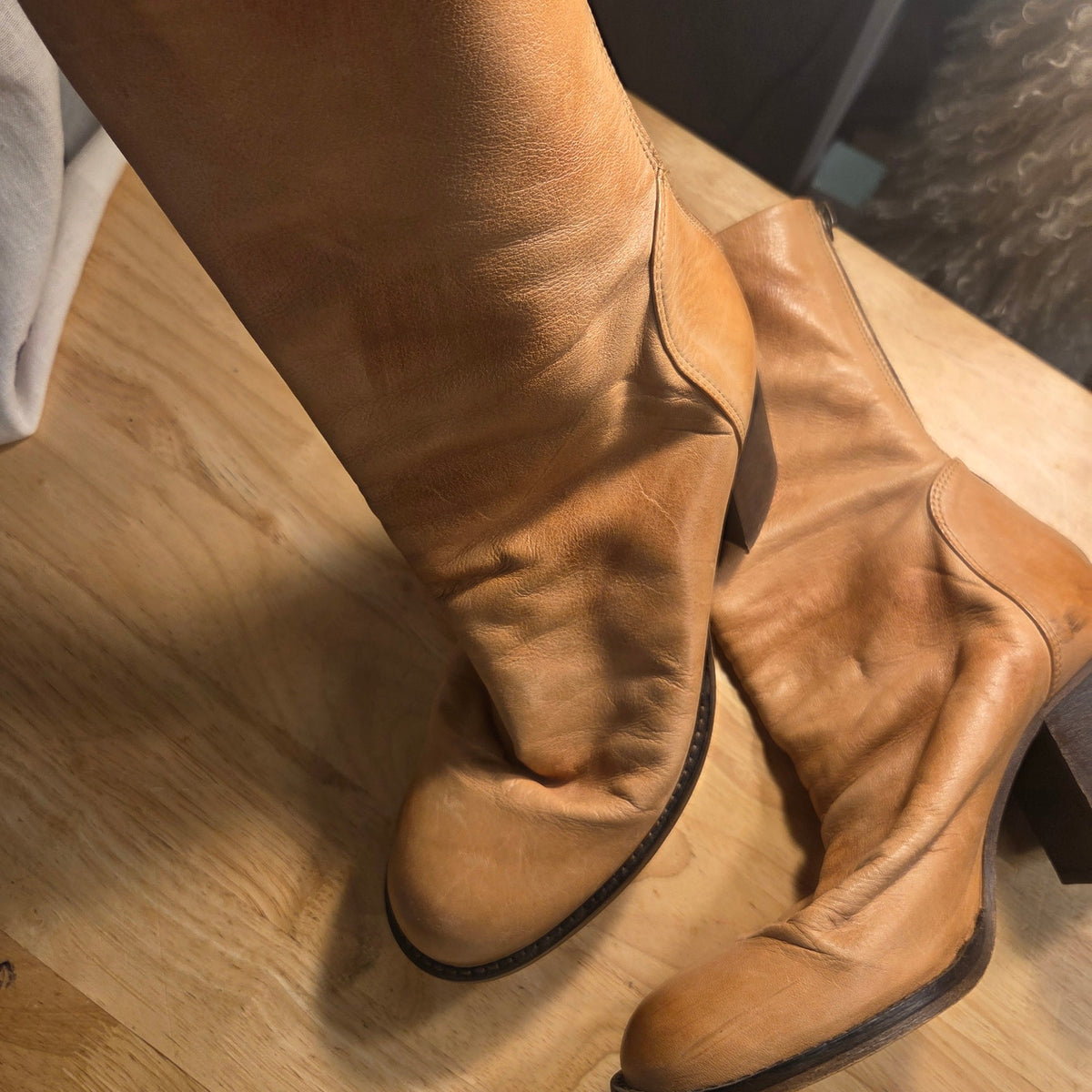 Free People camel soft leather block heel boots size 39