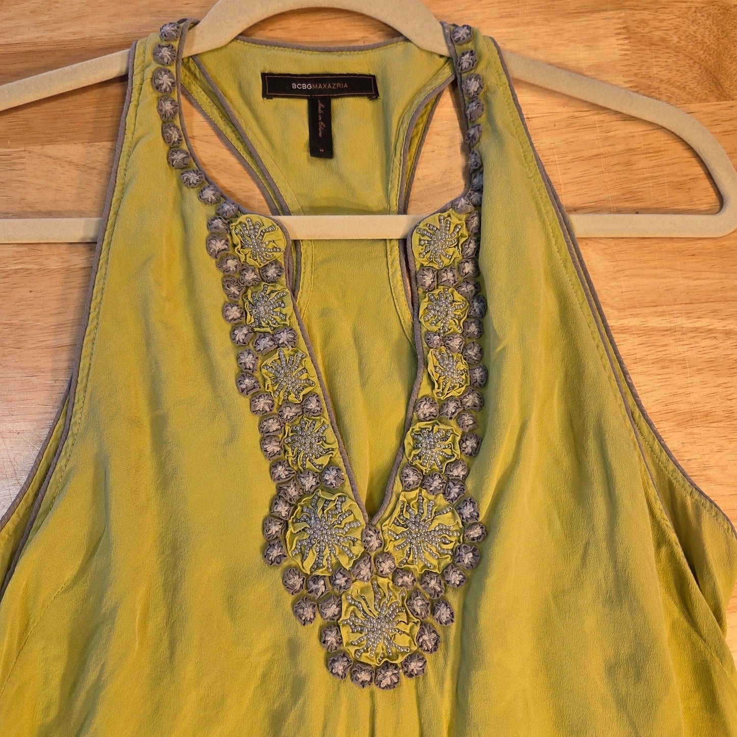 Bcbgmaxazria chartreuse neon green silk sleeveless tank dress embroidered med