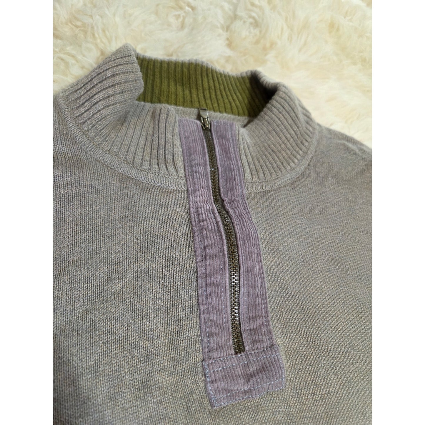 Cutter Buck Beige Brown Close  Knit 1/4 Zip Pullover Sweater 100% Cotton 25" p2p