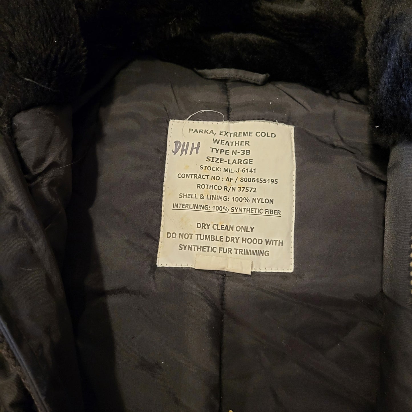 Extreme cold weather parka type N-3B Large Black Faux Fur Hood Pockets Zip Snap