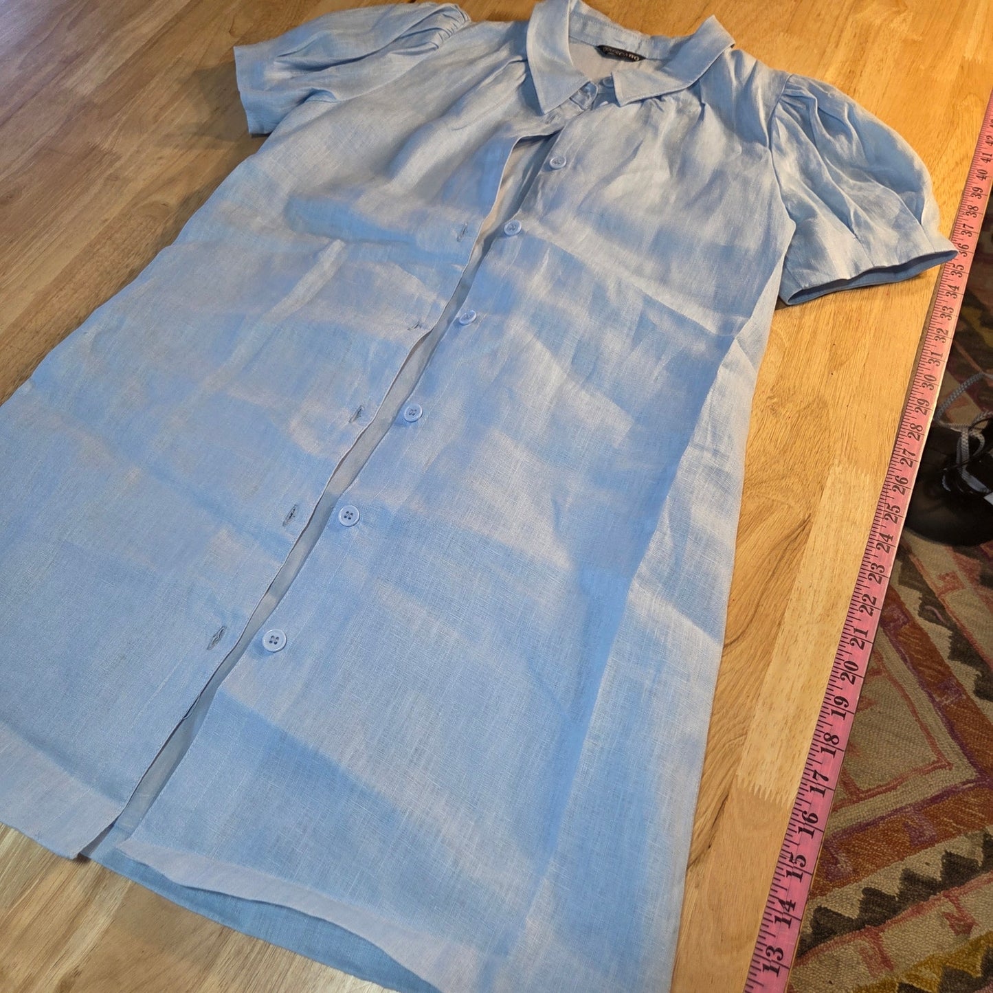 DolceCabo fully lined blue linen puff sleeve collared shirt dress mini 20" p2p