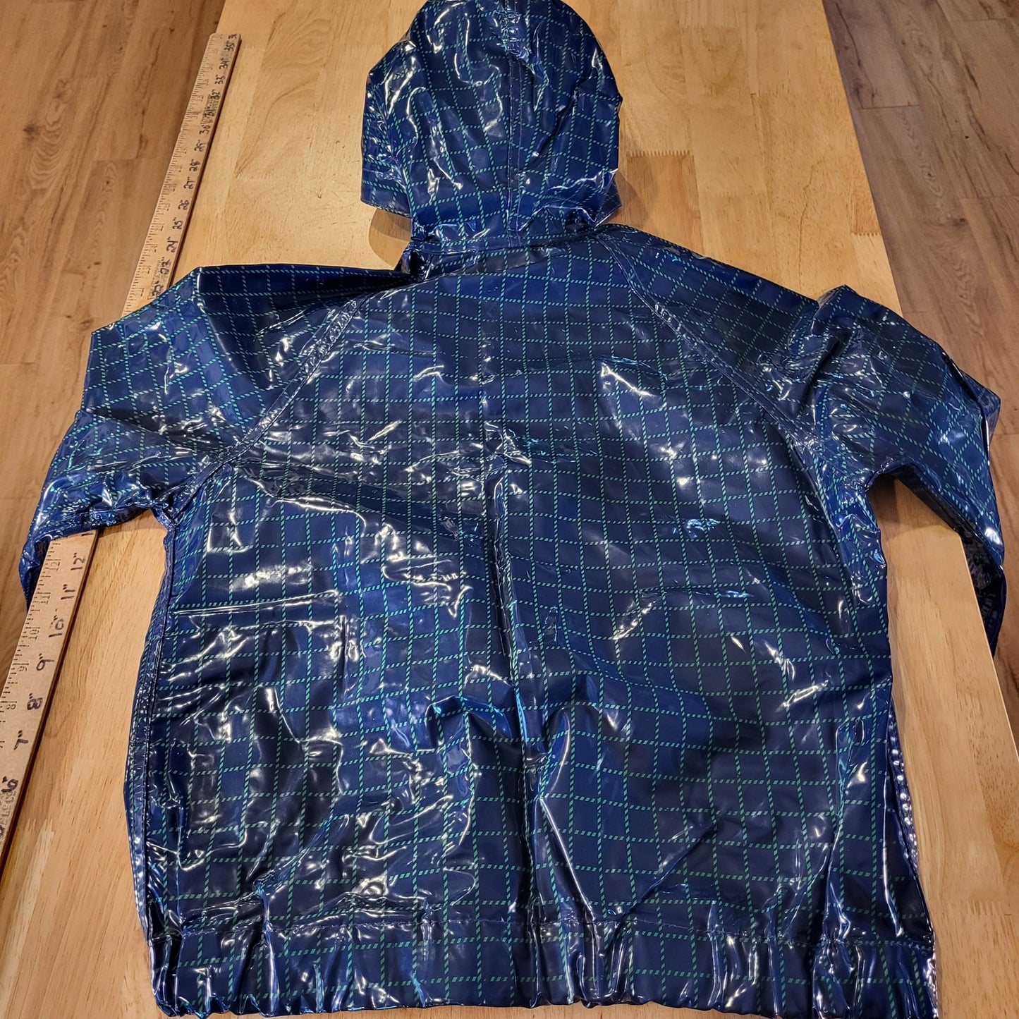 Banner House Asheville Kids Rubber Rain Coat Blue Check Duck Embroidery 20" P2P