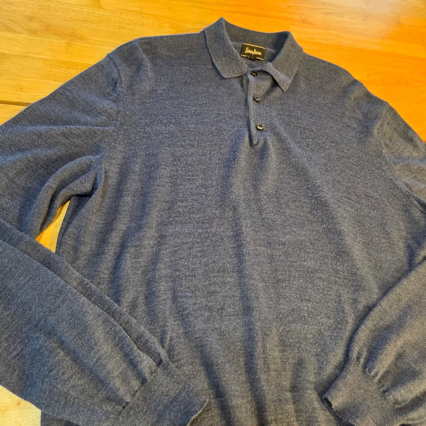 Neiman Marcus blue wool blend 3/4 button pullover sweater tight knit large