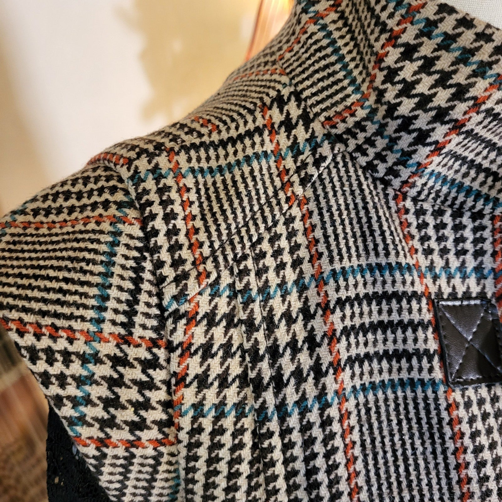 Vintage Benetton houndstooth vest brown trim cap sleeve wool blend small
