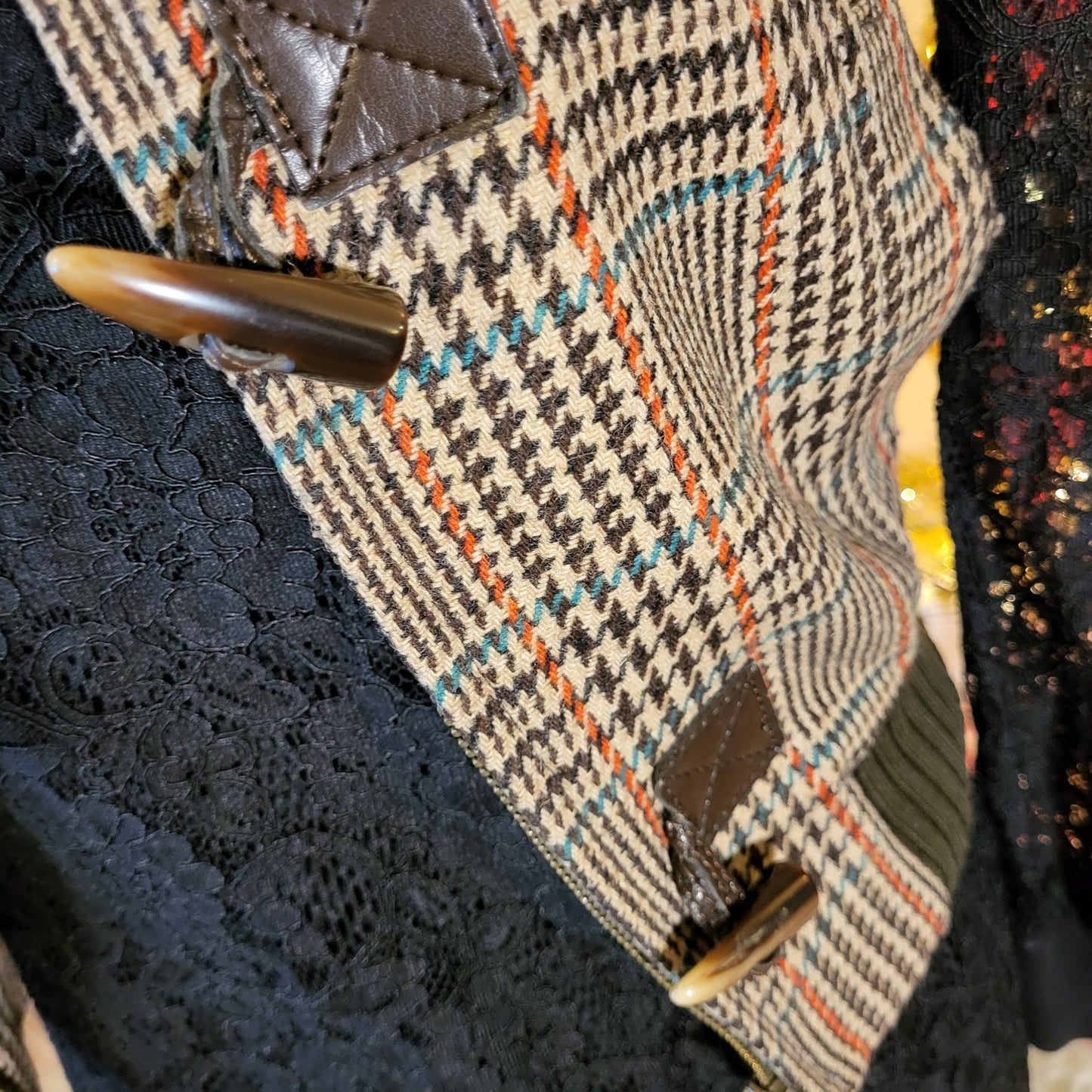 Vintage Benetton houndstooth vest brown trim cap sleeve wool blend small