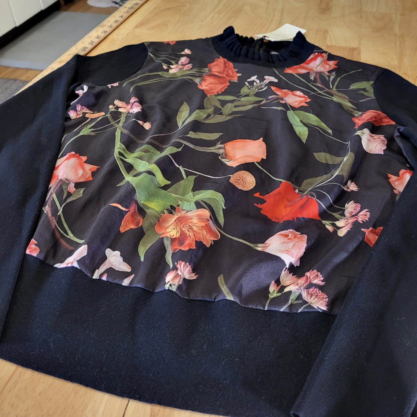 NWT Ted Baker Black & Red Floral Blouse Sweater Mock Neck Ruffle 20" P2P Small