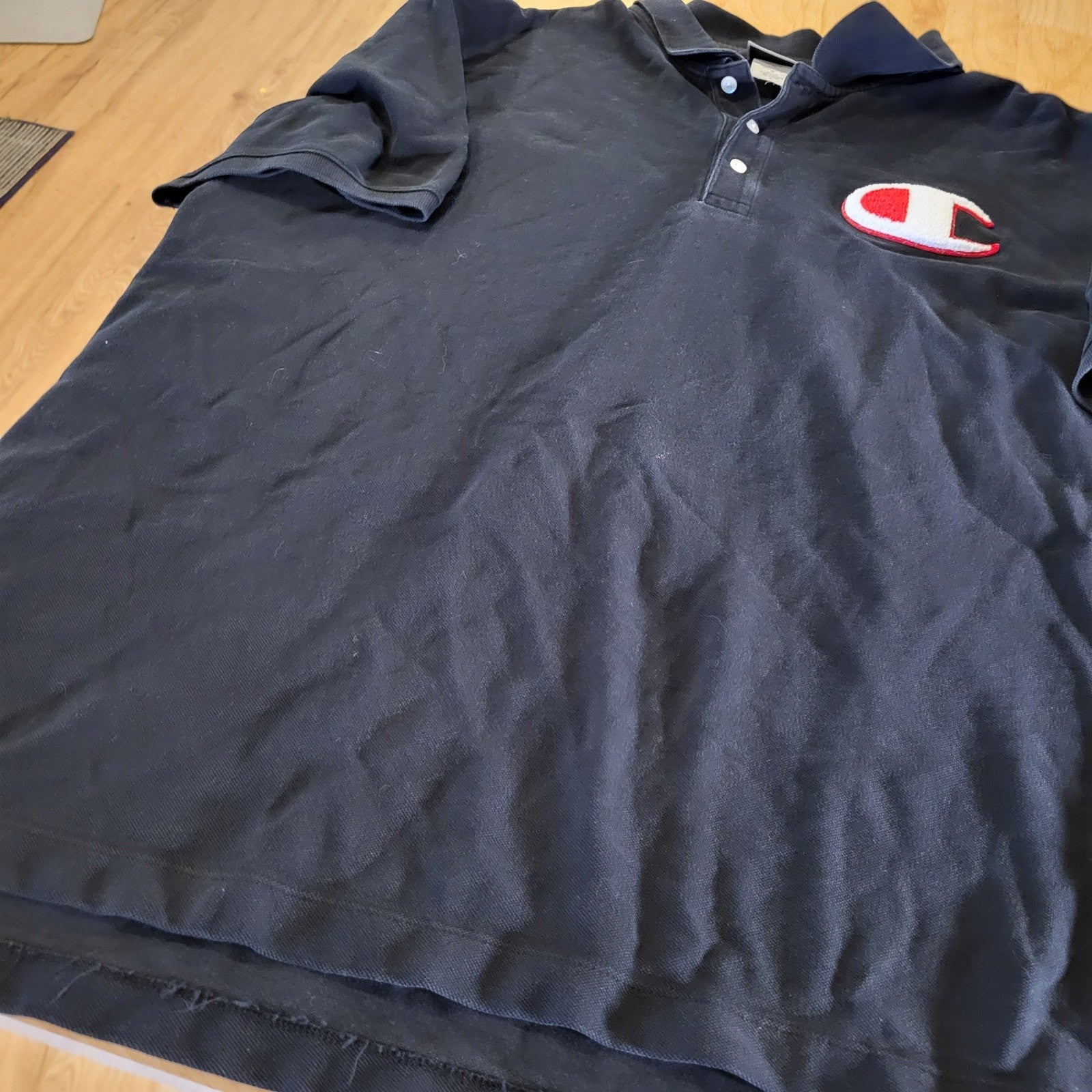 Champion NAVY blue Polo Large Chenille Logo Front & Back 2Xl 25" pit 2 pit 29" L