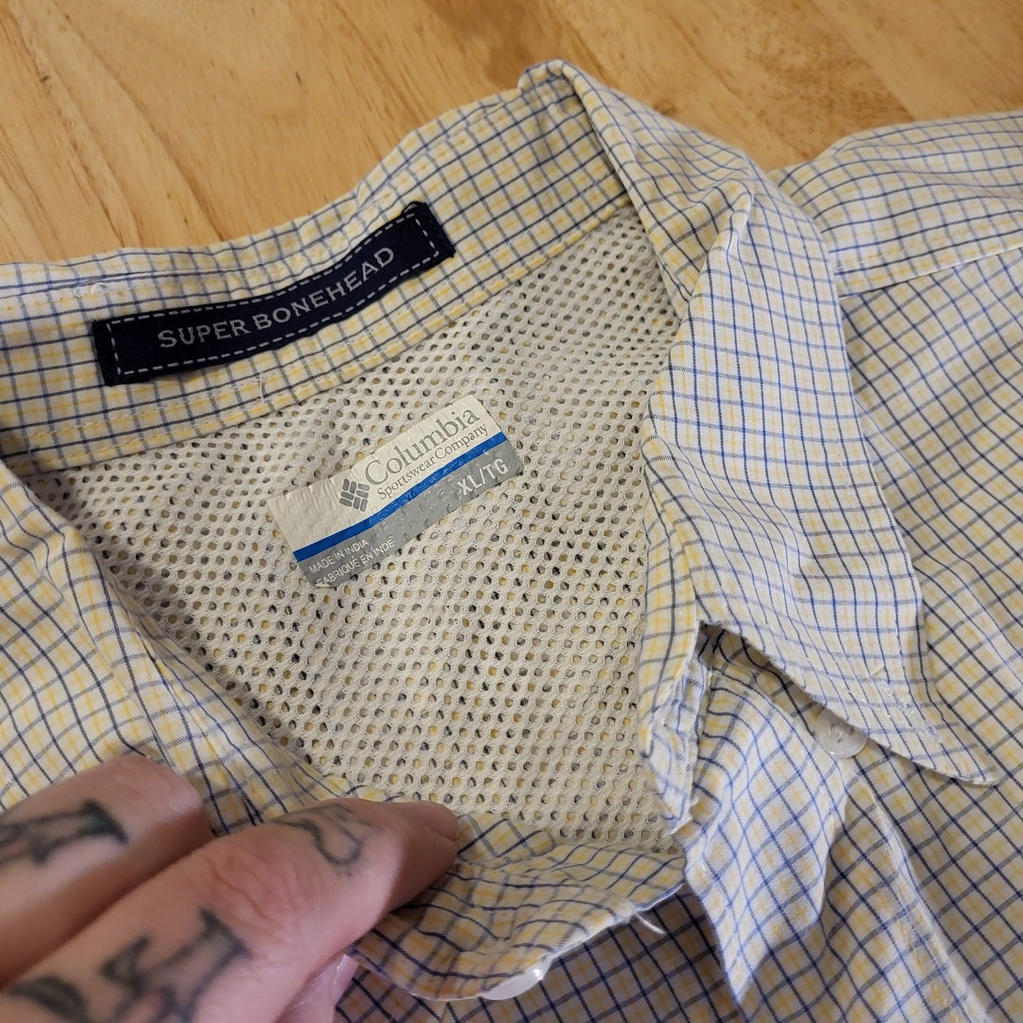 Colombia Super Bone Head XL White W/ Blue Yellow Check Short Sleeve Collared 