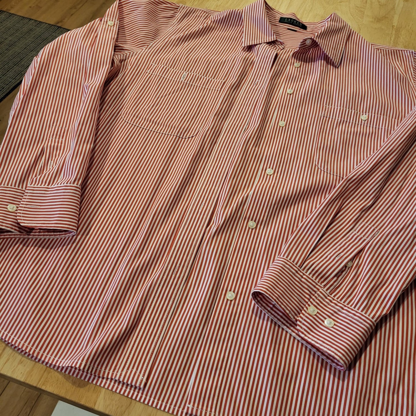 Lauren by Ralph Lauren red & white striped button down collared long sleeve 24"
