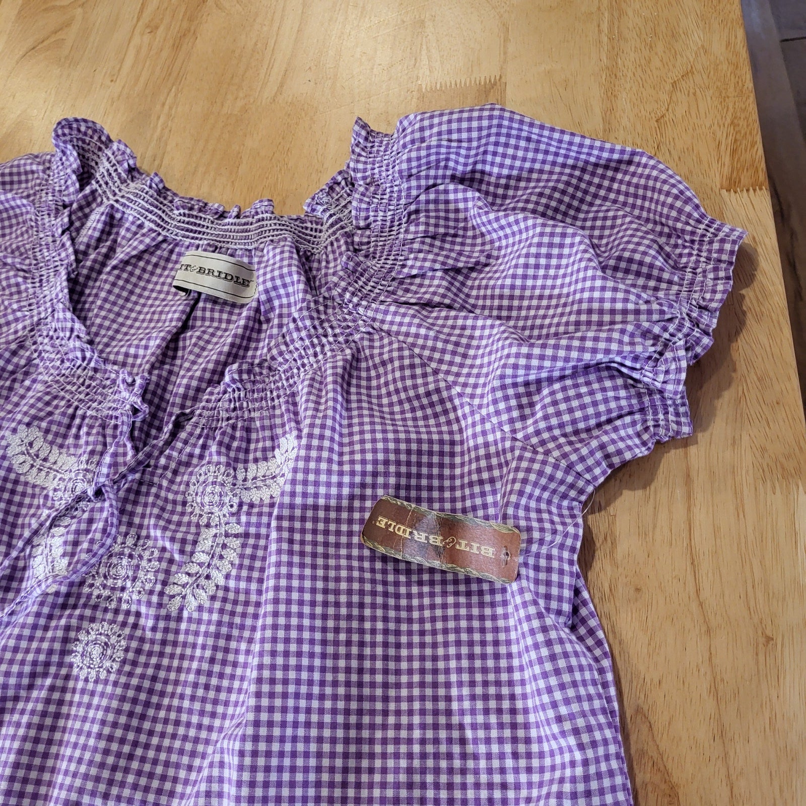 NWT Bit & Bridle Purple Gingham Milk Maid Top Cotton Puff Sleeve Embroidered 20"