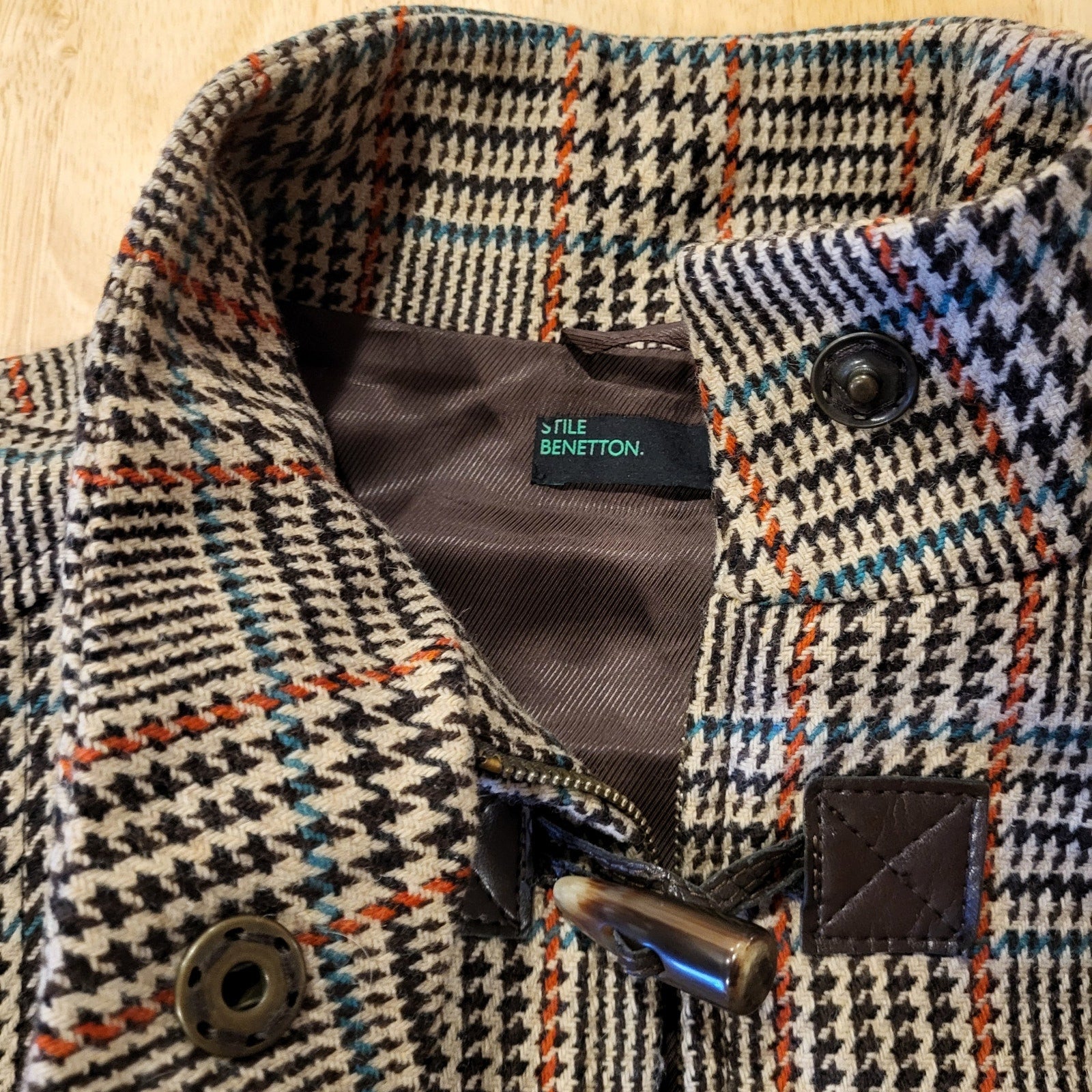 Vintage Benetton houndstooth vest brown trim cap sleeve wool blend small