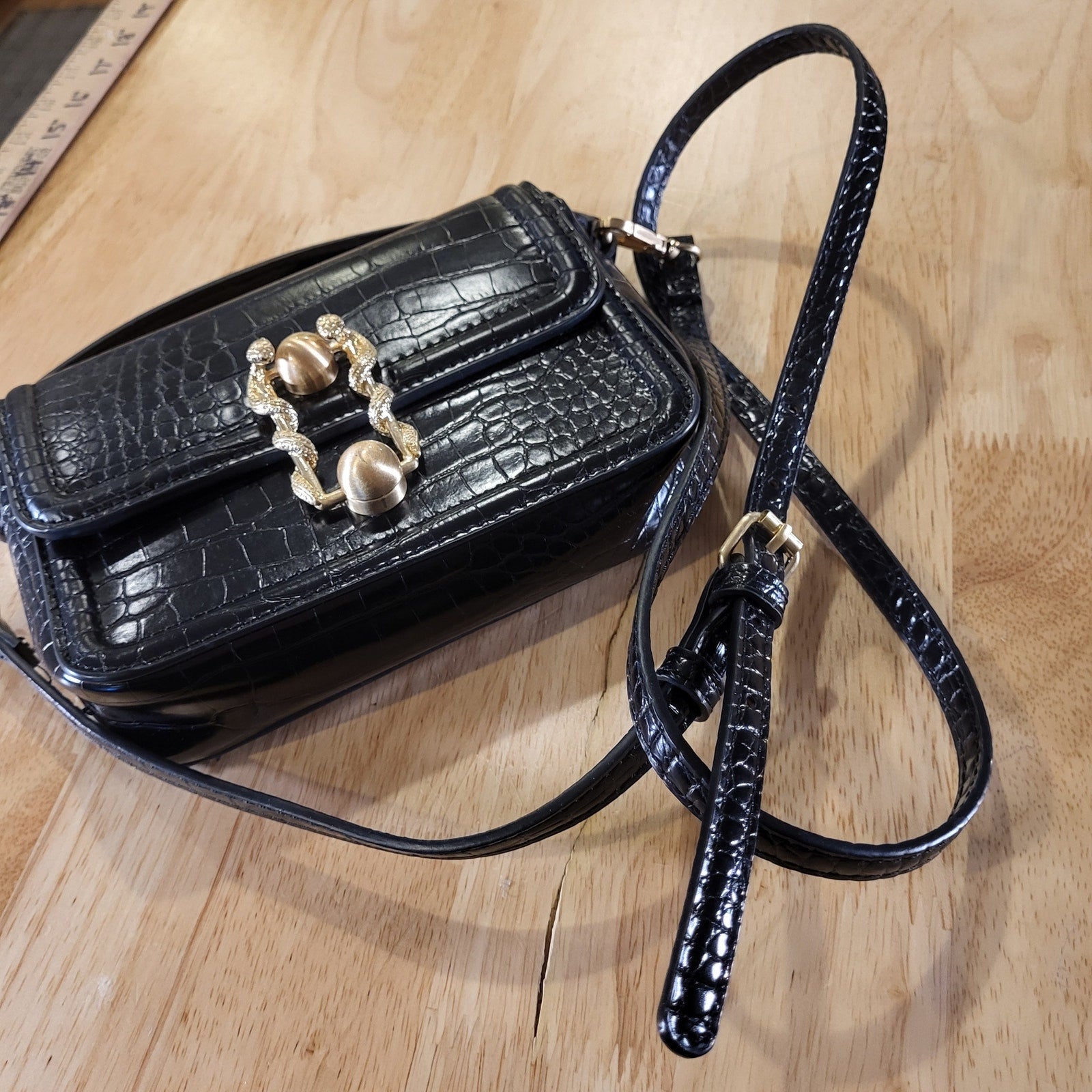 New Without Tags Zara Black Cross Body Bag Gold Metal Snake Closure Faux Leather