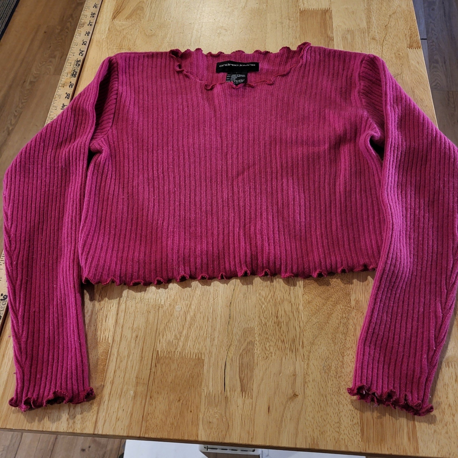 Andrea Jovine Wool Angora Blend Pink Cropped Long Sleeve Ribbed Sweater 18" p2p 