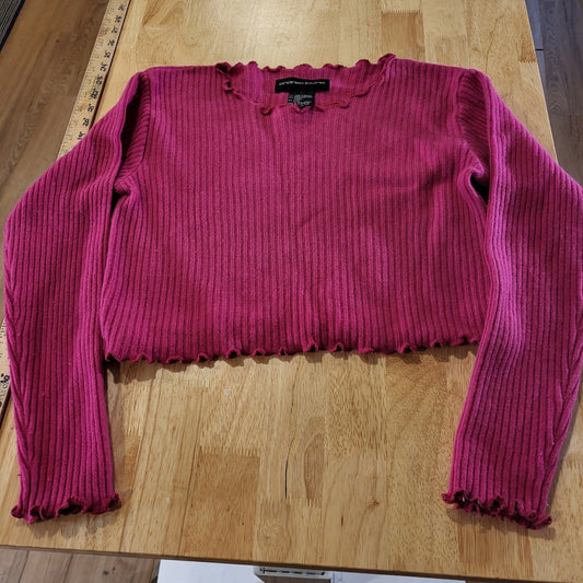 Andrea Jovine Wool Angora Blend Pink Cropped Long Sleeve Ribbed Sweater 18" p2p 